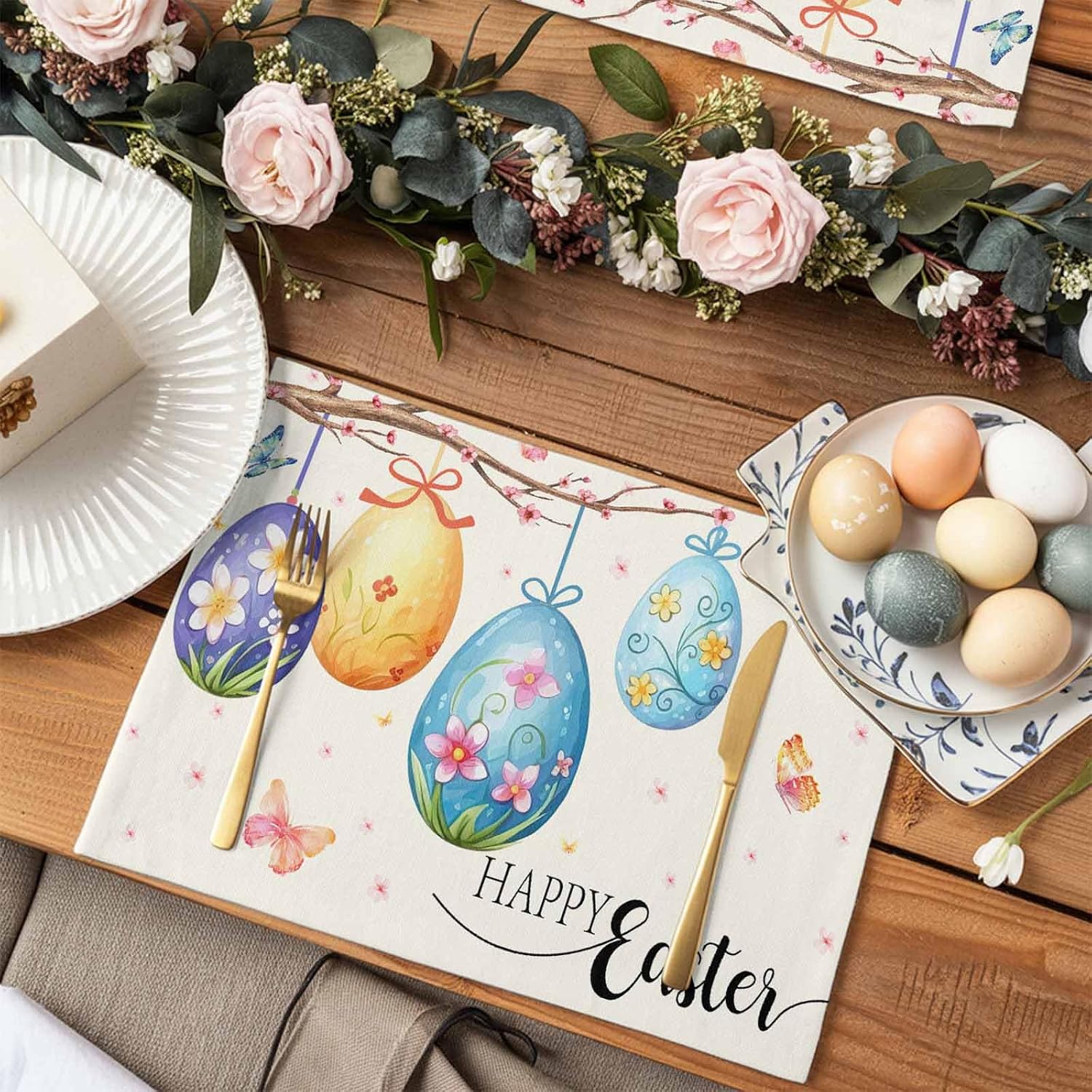 Easter Placemat Eggs Flowers Branch Place Mats for Dining Room Dinner Table Watercolor Butterfly Washable Table Mats Kitchen Dining Decorations Anniversary Set of 6