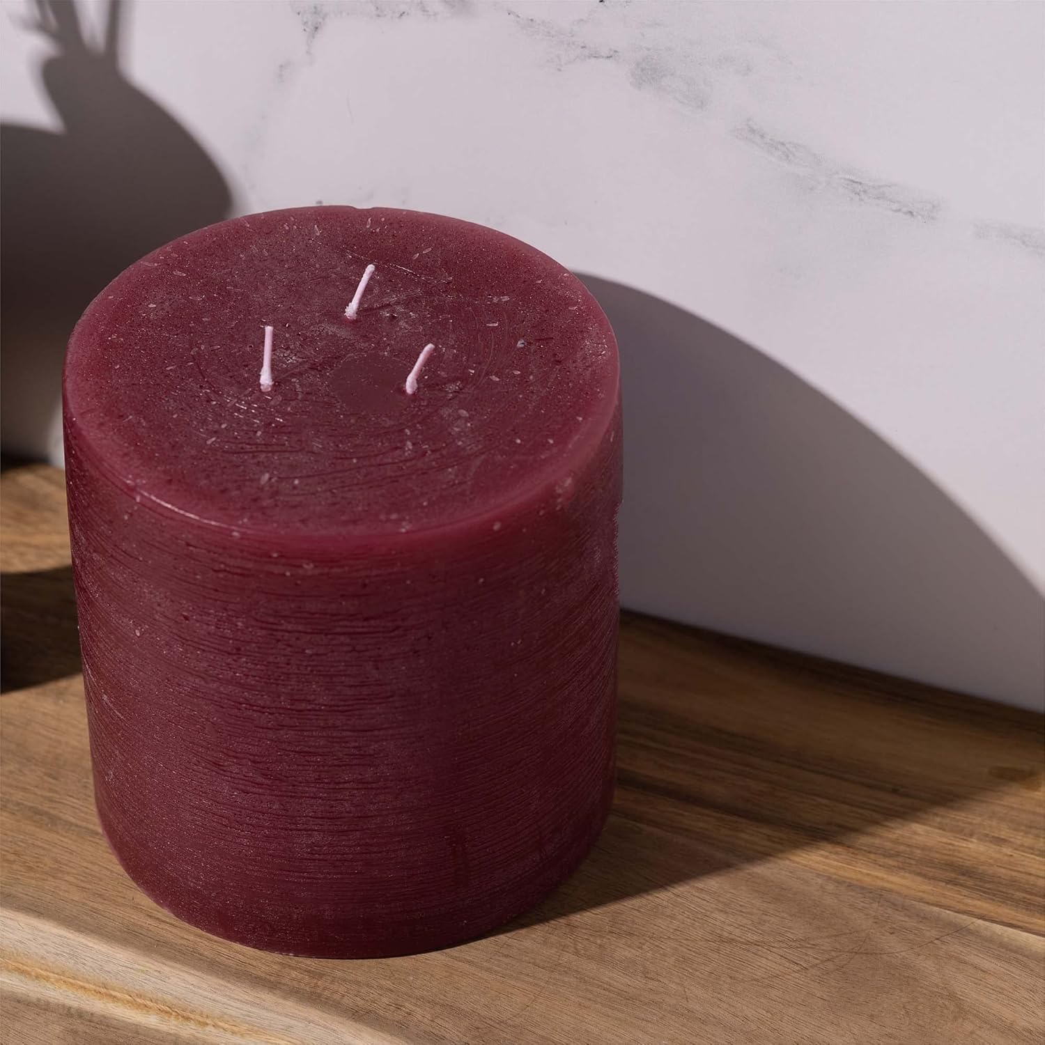 Bask Large Mottled Pillar Candles - Unscented - 6-Inch Diameter for Extra-Wide Holders - 3-Wick Candles for Home and Events - Burgundy