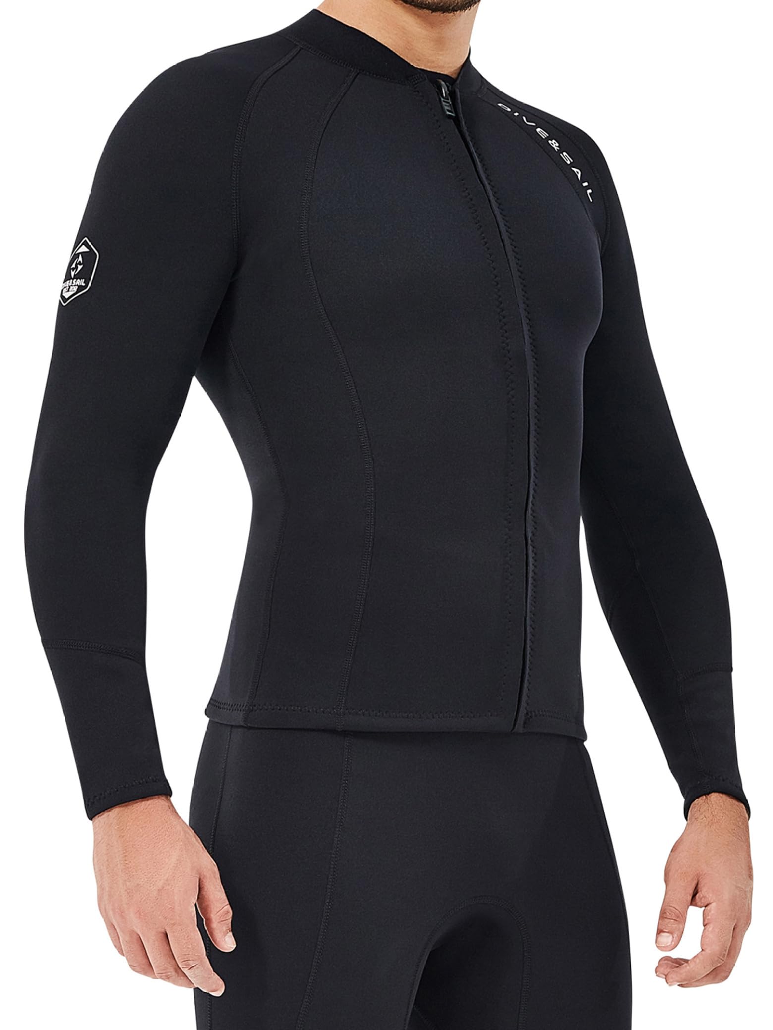 Traje de neopreno para hombre Parte superior de manga larga 2 mm con cremallera frontal para buceo, surf, deportes acuáticos Negro