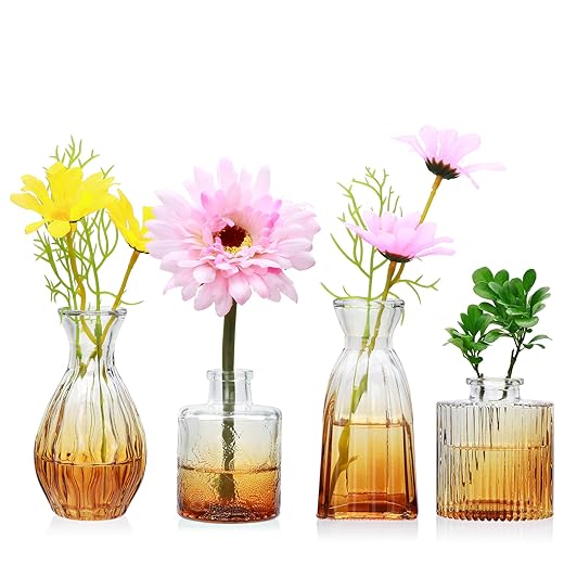 Mapoxy Glass Bud Vases Set of 4,Small Brown Flower Vases for Wedding Centerpiece Table Decorations,Clear Vintage Embossed Mini Vases,Flower Arrangements in Vases for Party or Home Decor