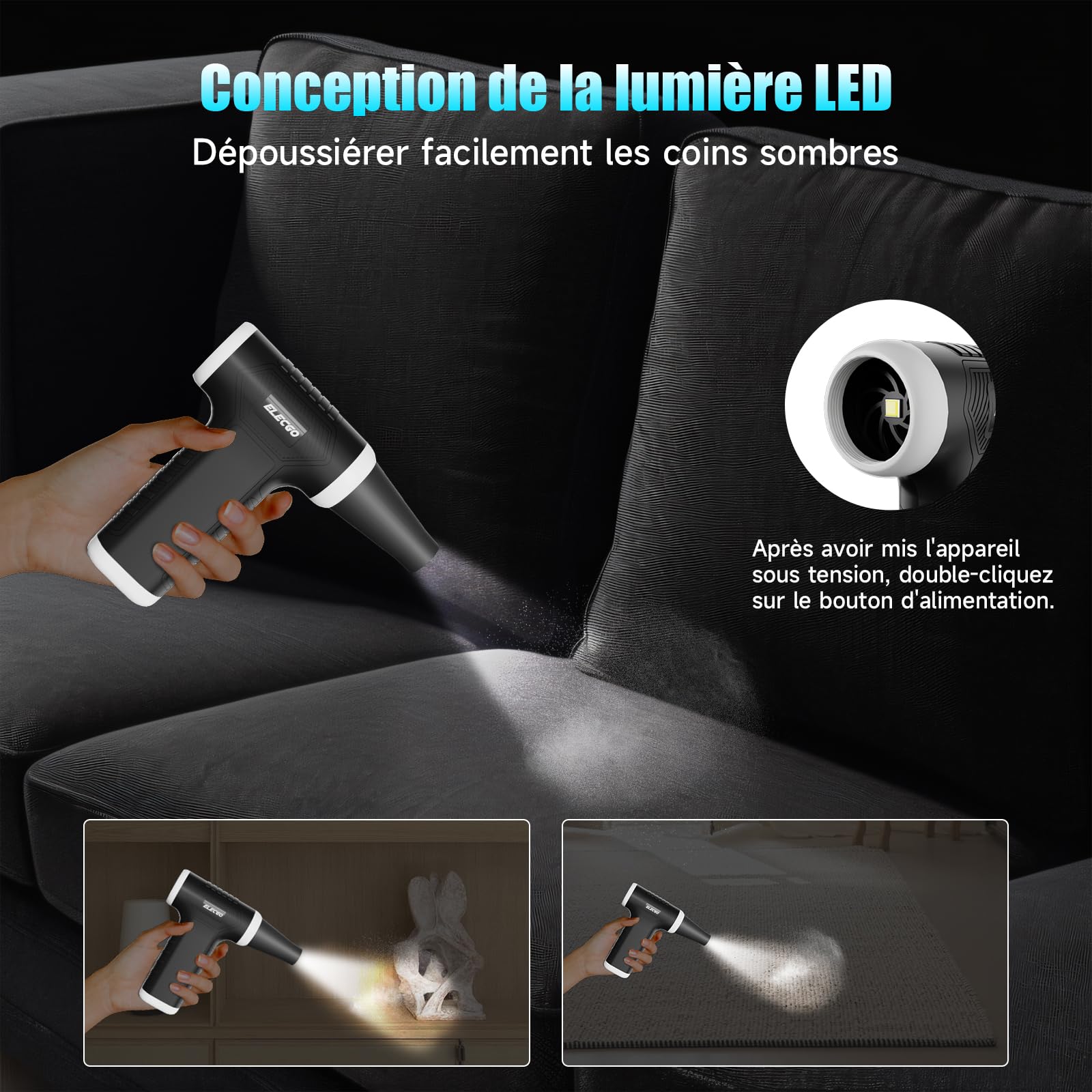 Soufflette Air Comprimé et Aspirateur 2 en 1, 150000 TR/Min Cordless Air Duster, 9000pa Aspirateur électrique avec moteur sans balais, vitesse réglable, Dépoussiérant pour Nettoyage PC, Voiture