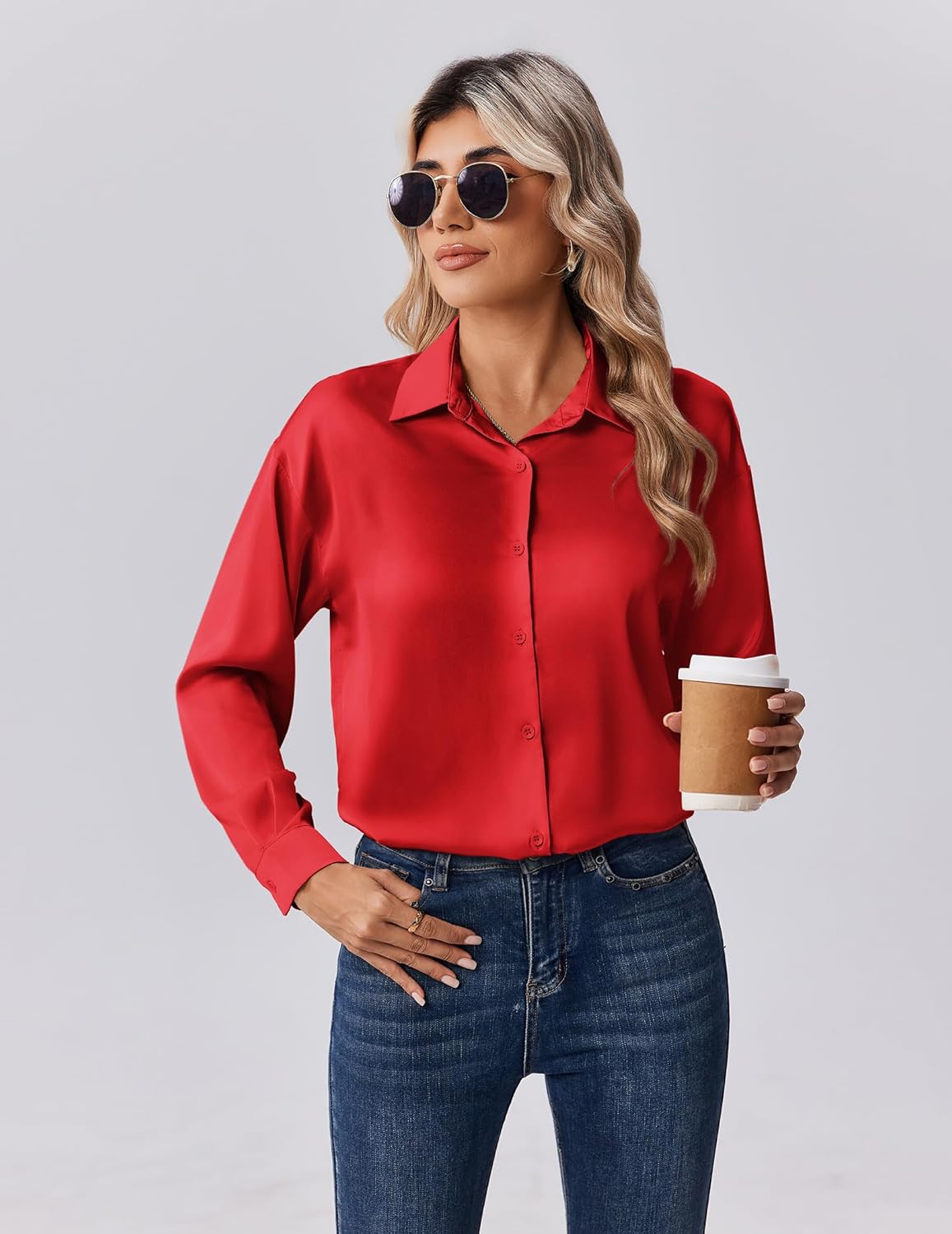 Zeagoo Satin Blouses Casual Long Sleeve Silk Button Down Shirts Business Work Top Red - Image 3