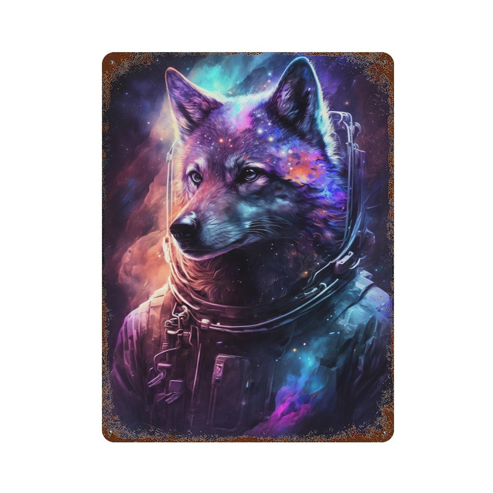 Cosmic Wolf Astronaut Art Print-7 15.7"x11.8" Weathered Tin Sign, Rustic Home Decor for Living Room, Hallway And Home Decor