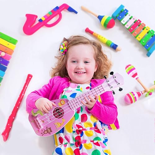 Vista 23 de YOLOPARK Guitarra de juguete para niños de 17 pulgadas para niñas y niños, mini guitarra ukelele con 4 cuerdas que mantienen los tonos, puede tocar