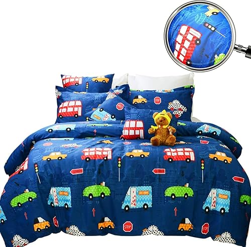 Miniatura 2 de Lurson Juego de funda de edredón de 2 piezas con estampado de coches de dibujos animados, azul para niños, tamaño individual, reversible, suave,