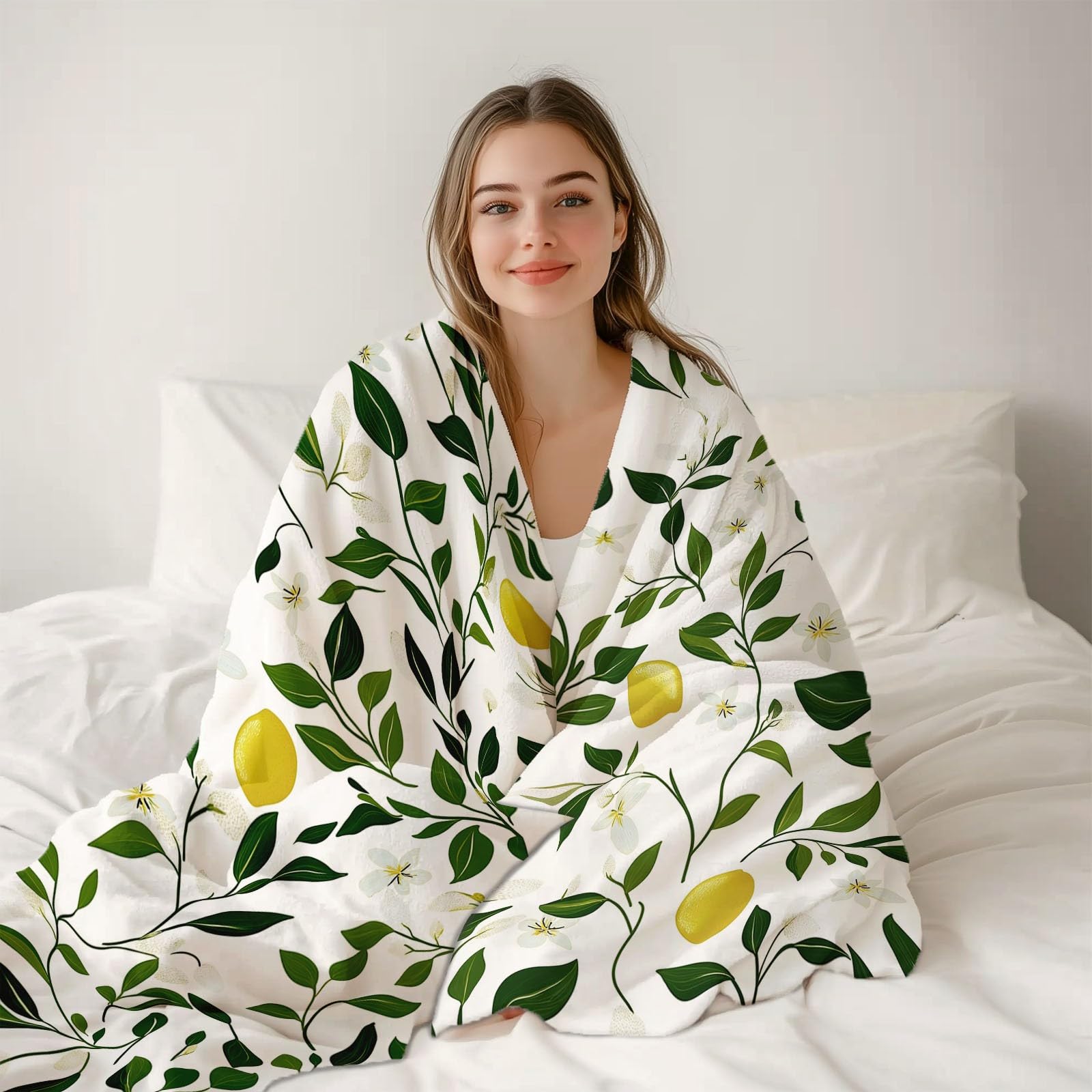 Manta Polar de Franela de Microfibra Flores Simples Hojas Mantas Impresas para la Siesta del sofá, para sofá Cama, Dormitorio, Sala de Estar 180 x 200 cm, Blanco