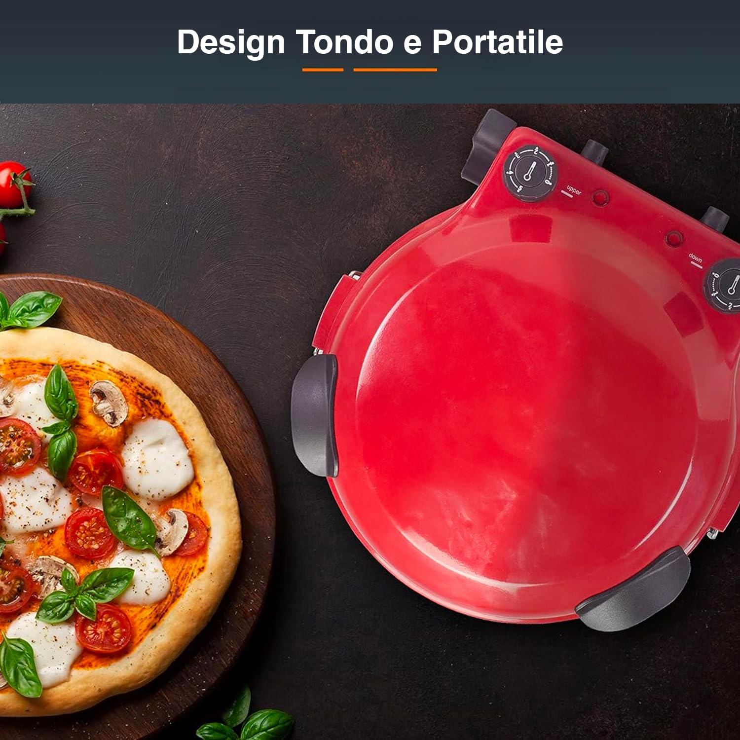 Forno per Pizza Elettrico Portatile con Timer Regolabile - Fornetto Tondo per Pizza Manici Termoisolanti e Base Removibile, in Metallo Anti-Riscaldante, 35x43.5x18.5cm, 1200W, Rosso