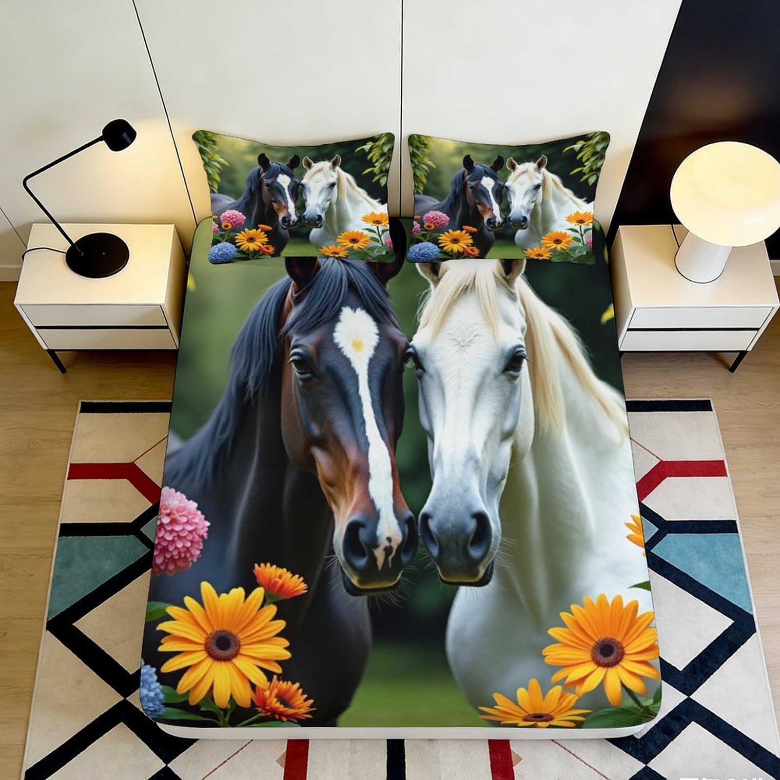 Uynsixtme Style-9 3D Printed Horse Sunflower Microfiber Fitted Sheet Deep Pocket Non-Slip Bedroom Bedding Horse Mattress Fitted Cover Washable 90X200x25cm