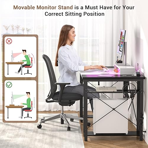 Miniatura 6 de Armocity - Escritorio para computadora con luces LED, escritorio de 55 pulgadas con toma de corriente y USB, escritorio grande reversible con