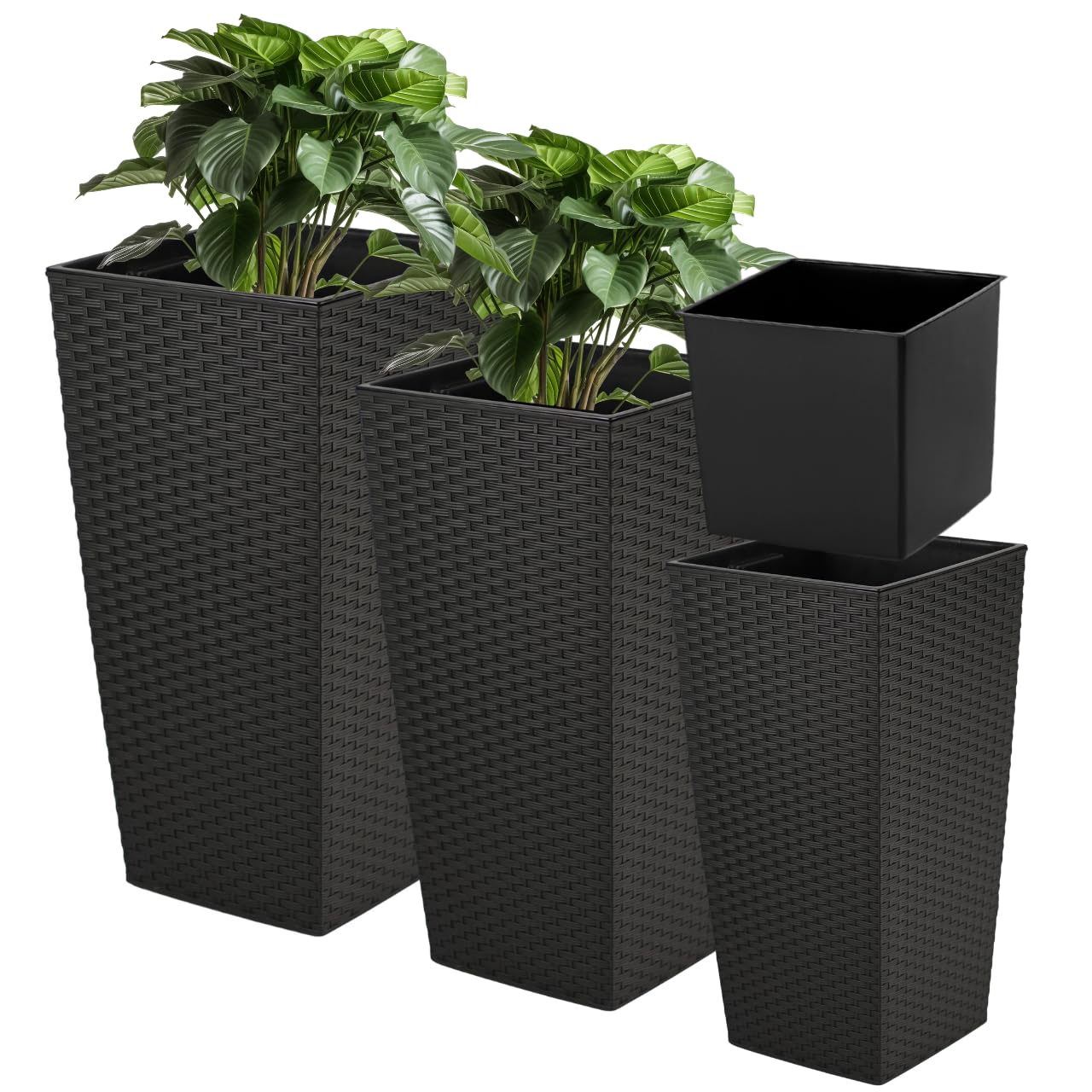 Ensemble de Pots de Fleurs avec Insert, Noir 57 cm | Pots de fleurs en 3 tailles : 37/47/57 cm, Aspect rotin et plastique recyclé, Pour la maison et le jardin