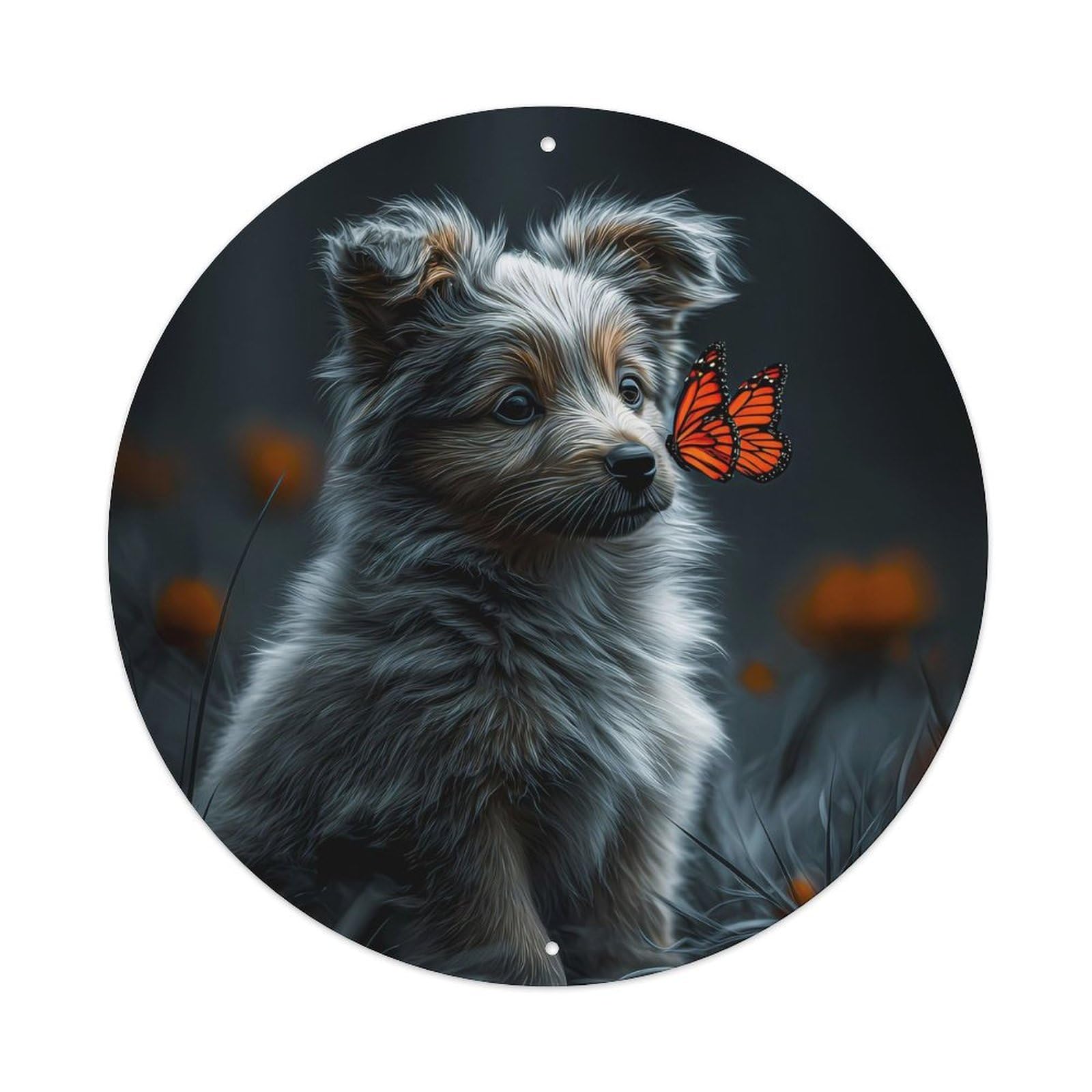 Animal Poster Puppy Dog Monarch Butterfly Cute Vintage Metal Tin Sign Plaque Wall Decor for Cafe, Club Bar, Office, Garden Metal Poster 8x8Inch