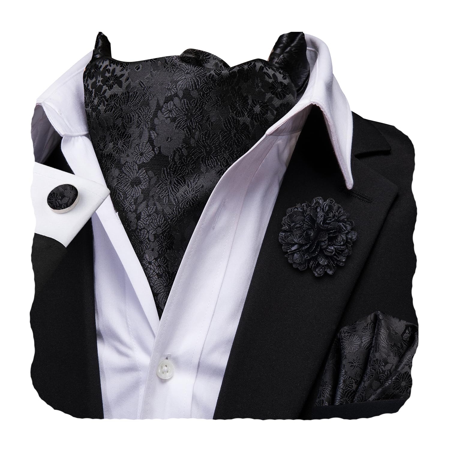 Hi-Tie Silk Ascot for Men Self Tie Men's Cravat and Flower Lapel Pin Handkerchief Cufflinks Set for Wedding Party