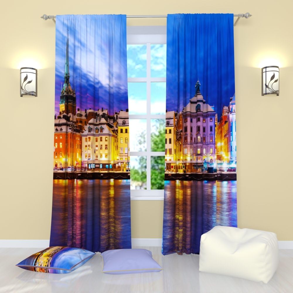 Factory4me European Style Curtains Evening City. Window Treatment Curtain Panel (Set of 2) Bedroom, Living Room W104 x L96 Polyester