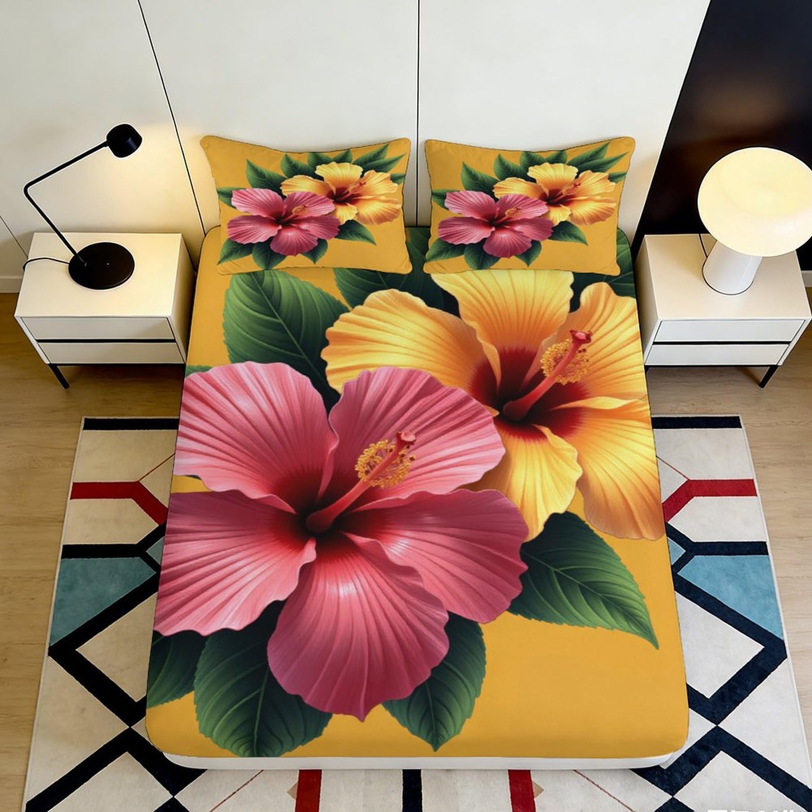 3D Printed Hibiscus Flower Fitted Sheet Microfiber Soft Non-Slip Tropical Leaf Bed Cover for Bedroom Guest Room Decor 180x200x25cm