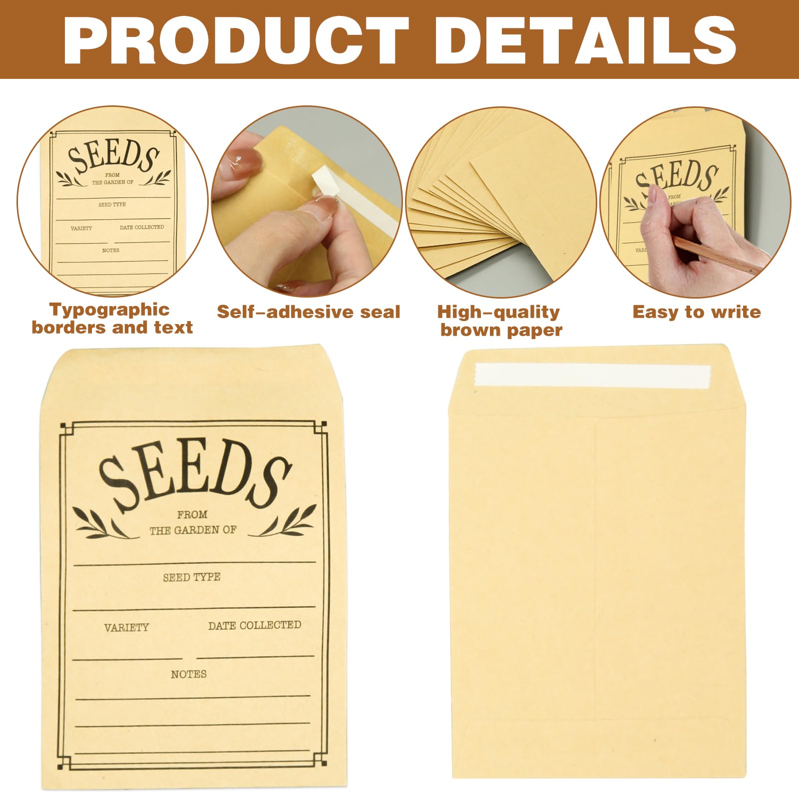 200 Pcs enveloppes de graines, enveloppes de graines refermables, petits paquets de graines, enveloppes de graines en papier marron avec impression, 3,1 x 4,7 pouces, enveloppes scellantes