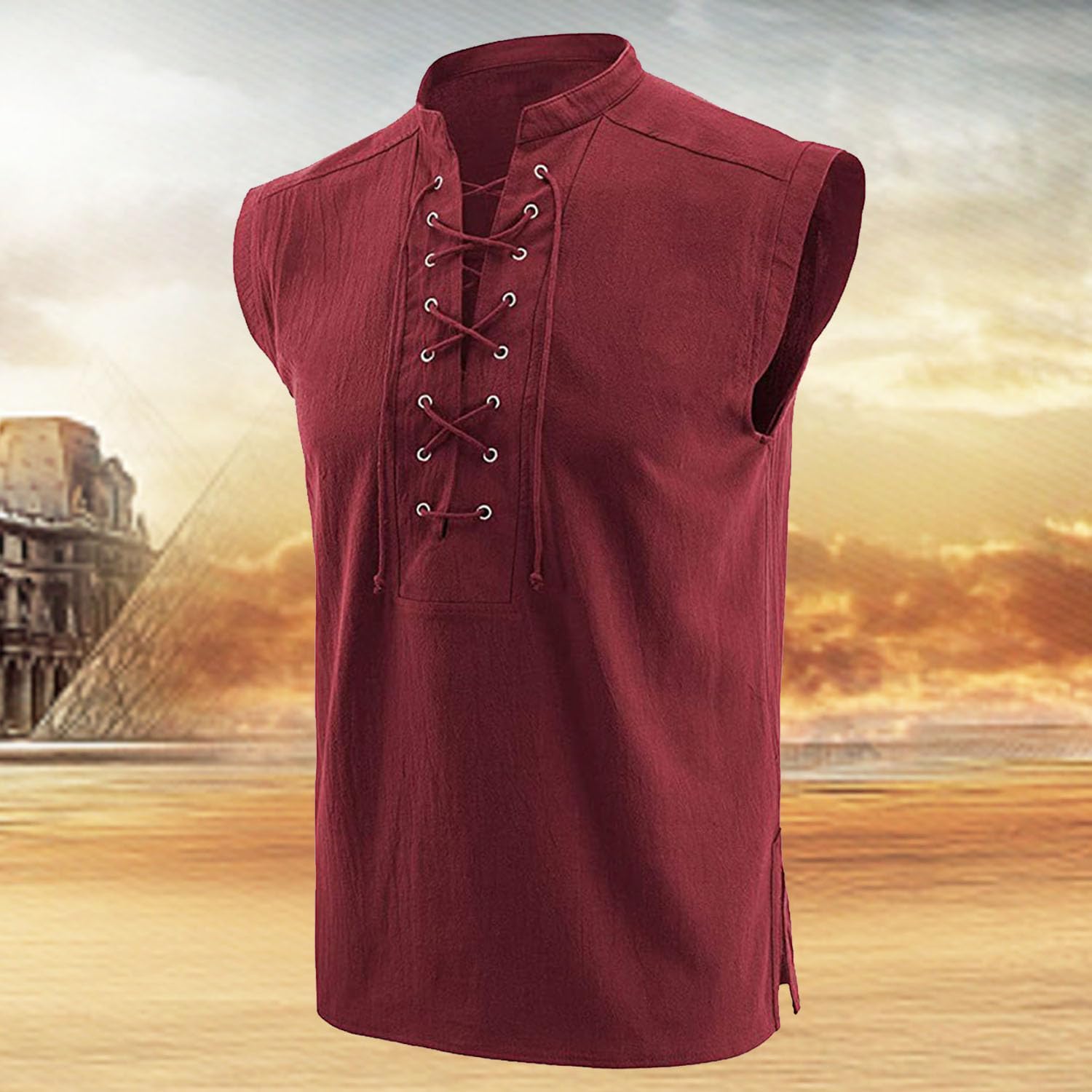 Men's Cotton Linen Tank Top Shirt Pirate Renaissance Costume Sleeveless Lace Up Vest Medieval Gothic Viking Tee Tunic - Image 2