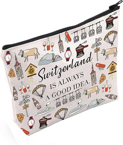 POFULL Swiss Mountains Gift Switzerland Is Always A Good Idea Cosmetic Bag Europe Trip Gift, Suiza es siempre bolsa de cosméticos