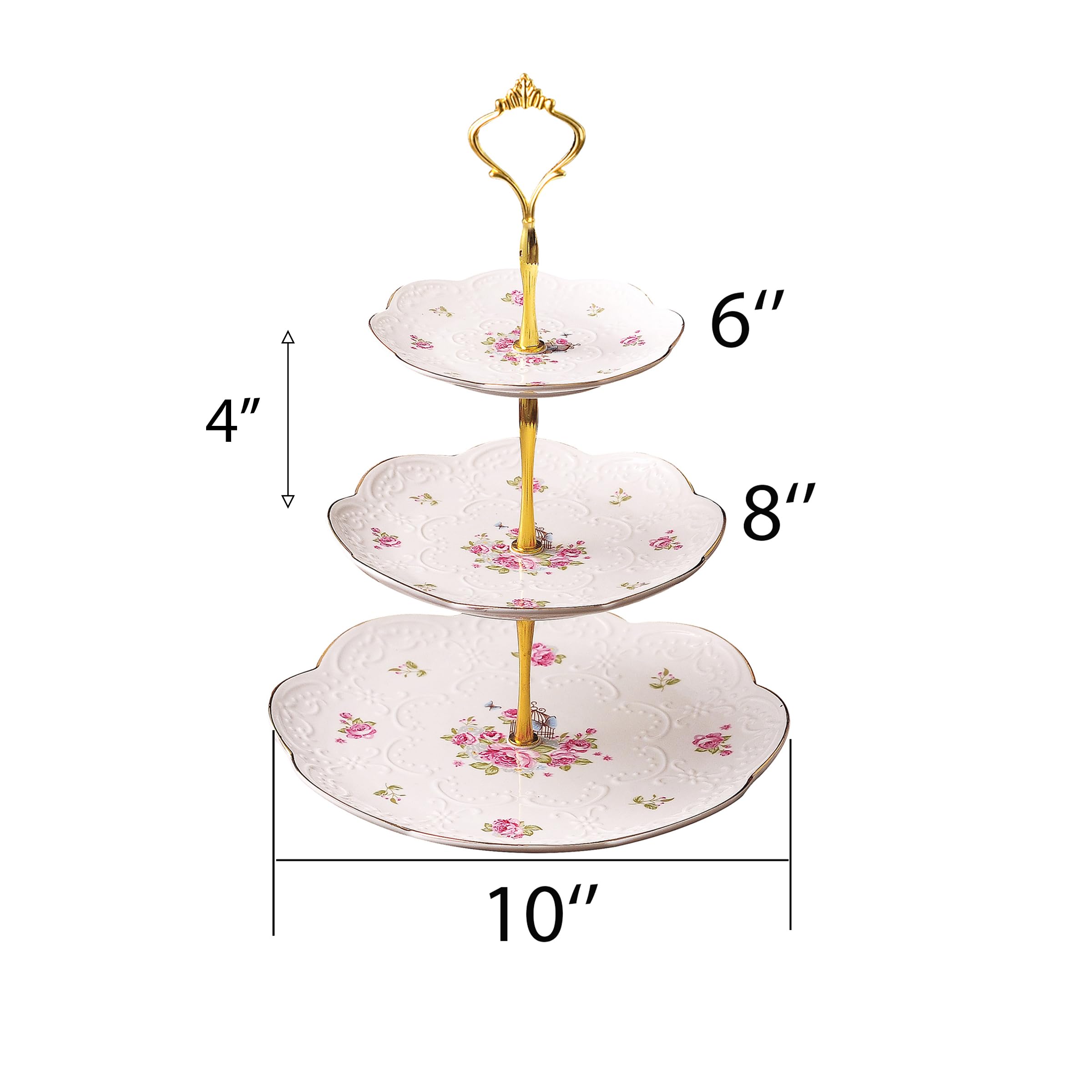 Claytonic® Elegante soporte de cerámica para tartas de 3 niveles con estampado floral en relieve, soporte para magdalenas, plato para servir pasteles en caja de regalo y una pinza para azúcar gratis