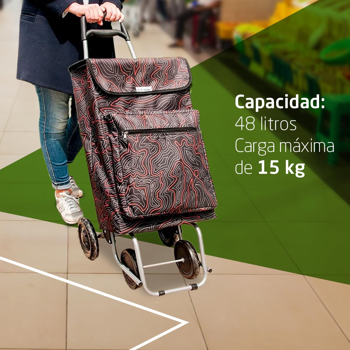 Amig - Carro de la Compra de 4 Ruedas - Bolsillo Exterior para Congelados - Carga Máxima 15kg - Capacidad de 48 litros - 22x40x106 cm - Negro