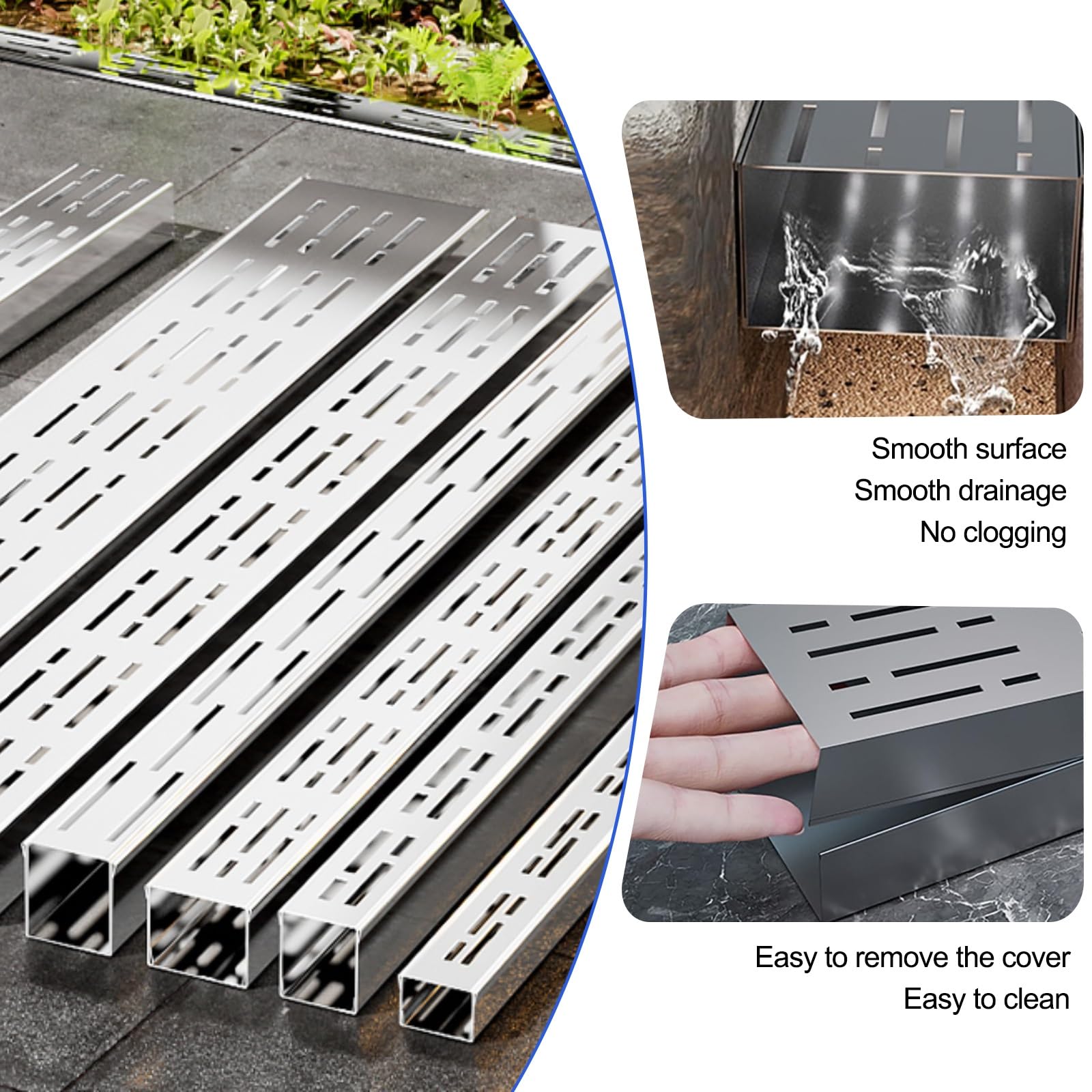 Kit de caniveau linéaire en Acier Inoxydable - Couvercle Amovible pour terrasses, trottoirs et sols en béton (10 x 4 cm) - Système de Drainage extérieur Efficace
