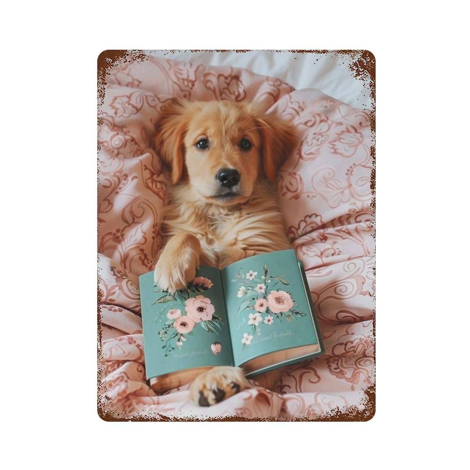 FHUYEURHRY Cute Golden Retriever Puppy Reading 04 Wall Decor Retro Iron Vintage Art Metal Tin Sign Poster Modern Home Cofffee Club Art Bar Shop Decorations Style-27 40x30cm