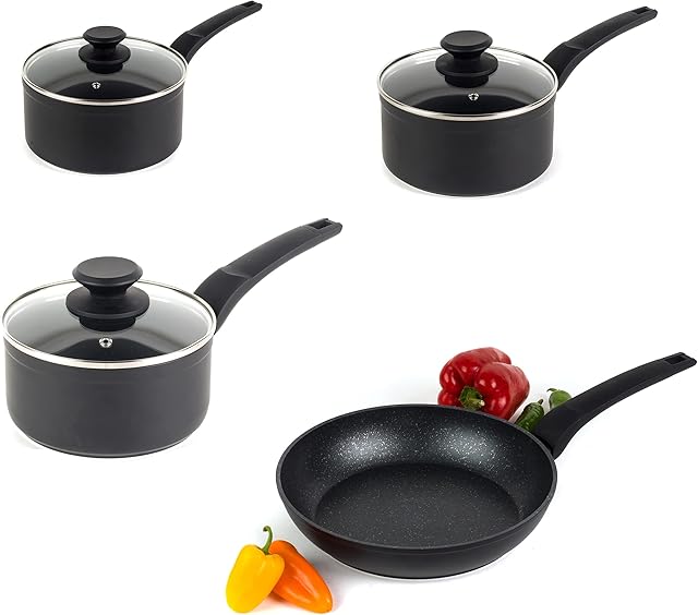 Salter COMBO-5216 Marble Gold Non-Stick Cookware Set, Including 16, 18, 20 cm Saucepans and 24 cm Fry Pan, Forged Aluminium