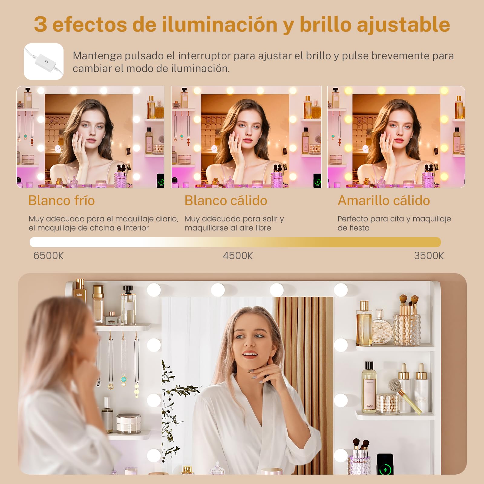 TEENFON Tocador de Maquillaje con Luces LED Regulables y enchufes, Mesa de Maquillaje con Espejo, 4 estantes Abiertos y 5 Ganchos para Joyas, Blanco, Tocador con 7 Cajones+RGB Tapa de Cristal