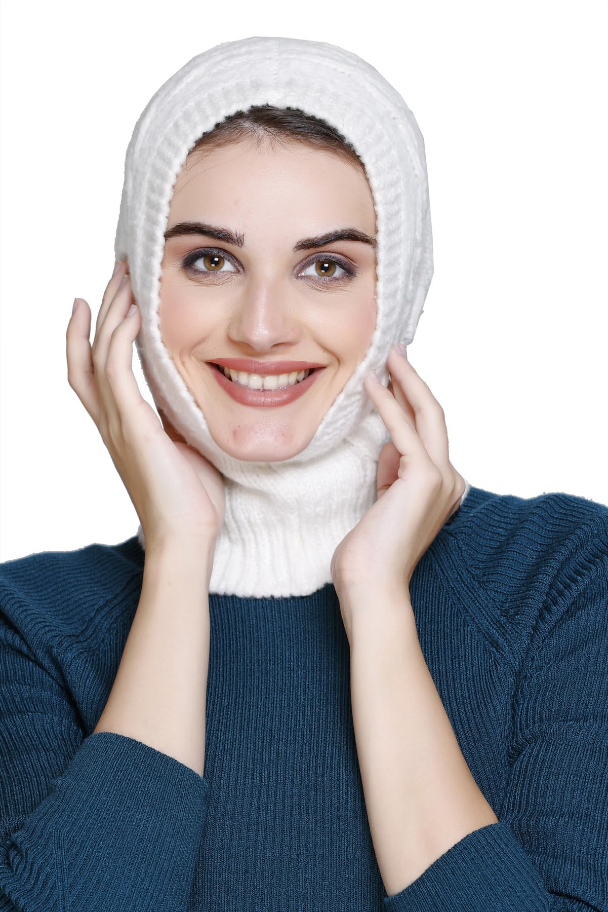 Girls Women Acrylic Wool Knitted Self Design Soft Warm Winter Wear Stylish Ear and Neck Cover Balaclava Monkey Cap White-image-9