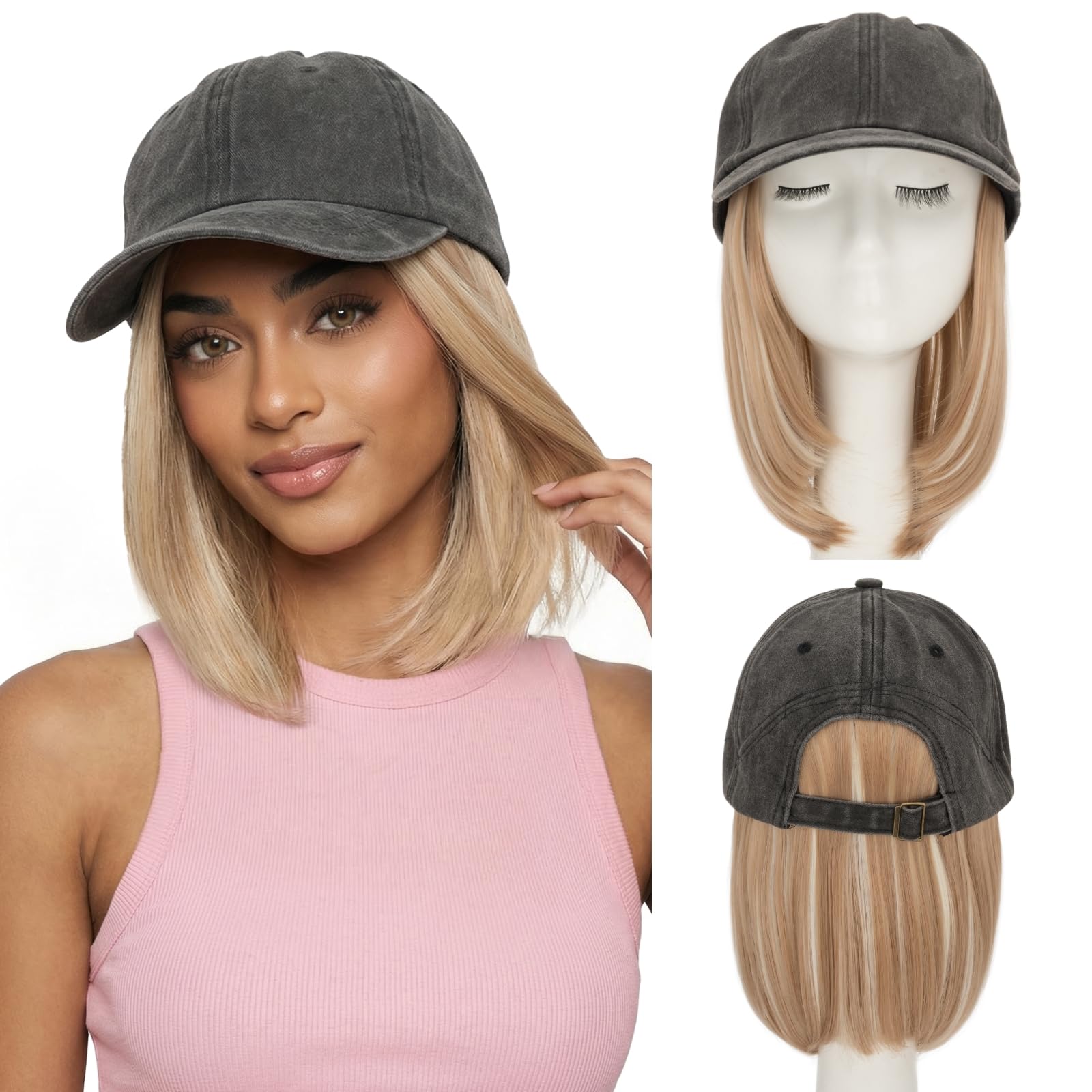 SEGO SEGOHAIR Hat Wig for Women Baseball Cap with Hair Extensions 6Inch Synthetic Straight Hair Adjustable Wig Hat with Attached Hair for Daily Wear,（#18P613, Light Blonde mixed Bleach Blonde）