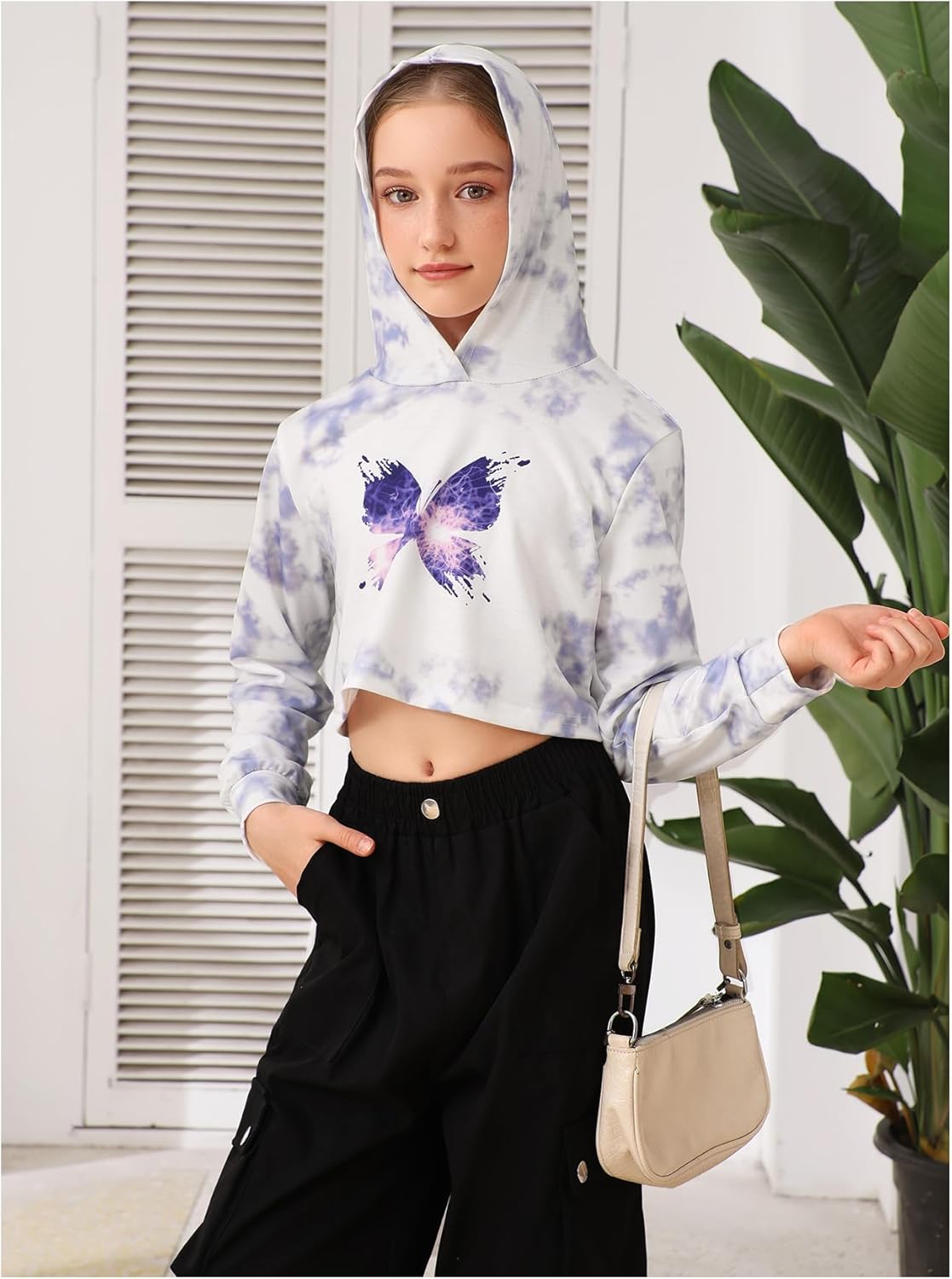 OYOANGLE Girl's Tie Dye Long Sleeve Crop Hoodie Butterfly Print Pullover Sweatshirts Tops - Image 6