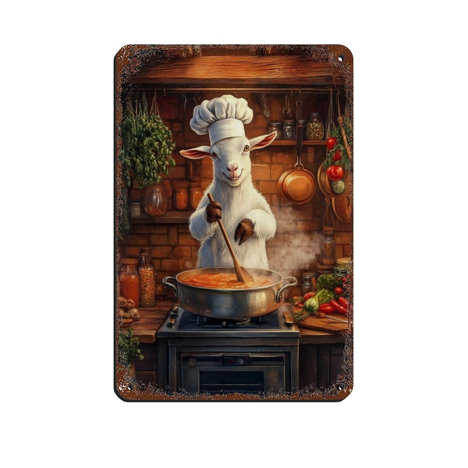 Lxwnze 20L X 30W Cm Cute Goat Chef Cooking Kitchen Tin Sign Vintage Metal Pub Club Cafe Bar Home Wall Art Decoration Poster Retro 8X12inch(20X30cm)