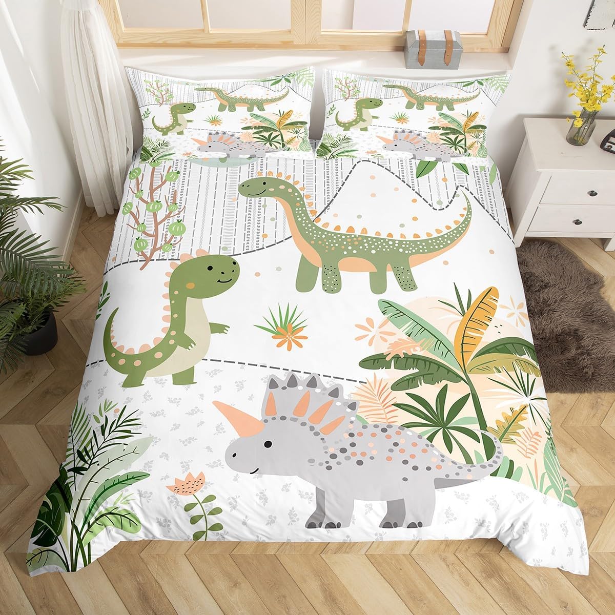 Feelyou Kids Cute Dinosaur Bedding Set Twin Size Cartoon Green Dinosaur Duvet Cover for Boys Girls Teens Cute Animal Comforter Cover Set Coconut Plant Bedspread Cover 2Pcs Zipper