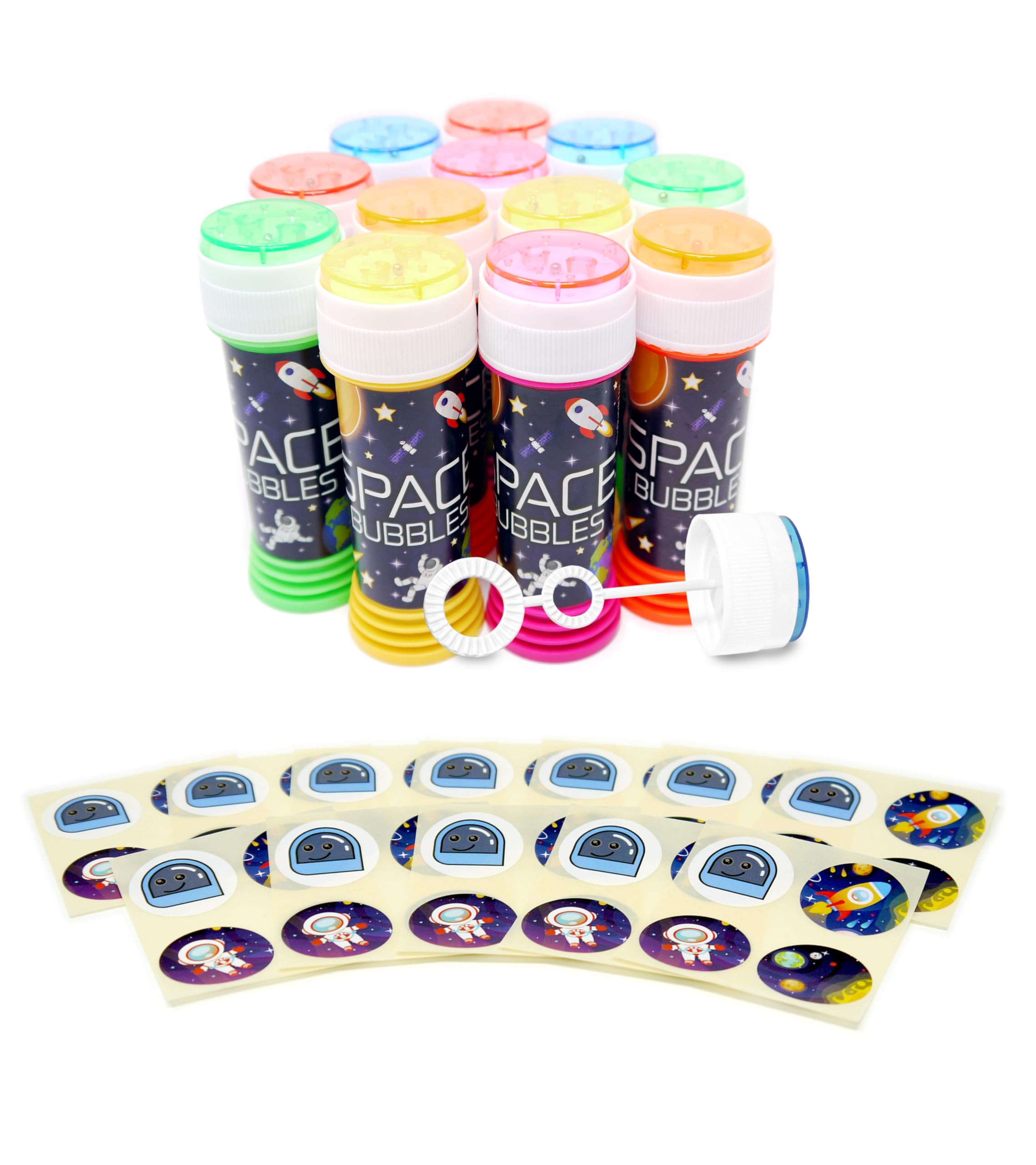 Anila's 6 Space Themed Bubble Tubs with Wand & 6 sheets of Anila's Space Stickers for Party Bag Fillers and Party Favours for Children - (Ideal for Children Aged 3-8)
