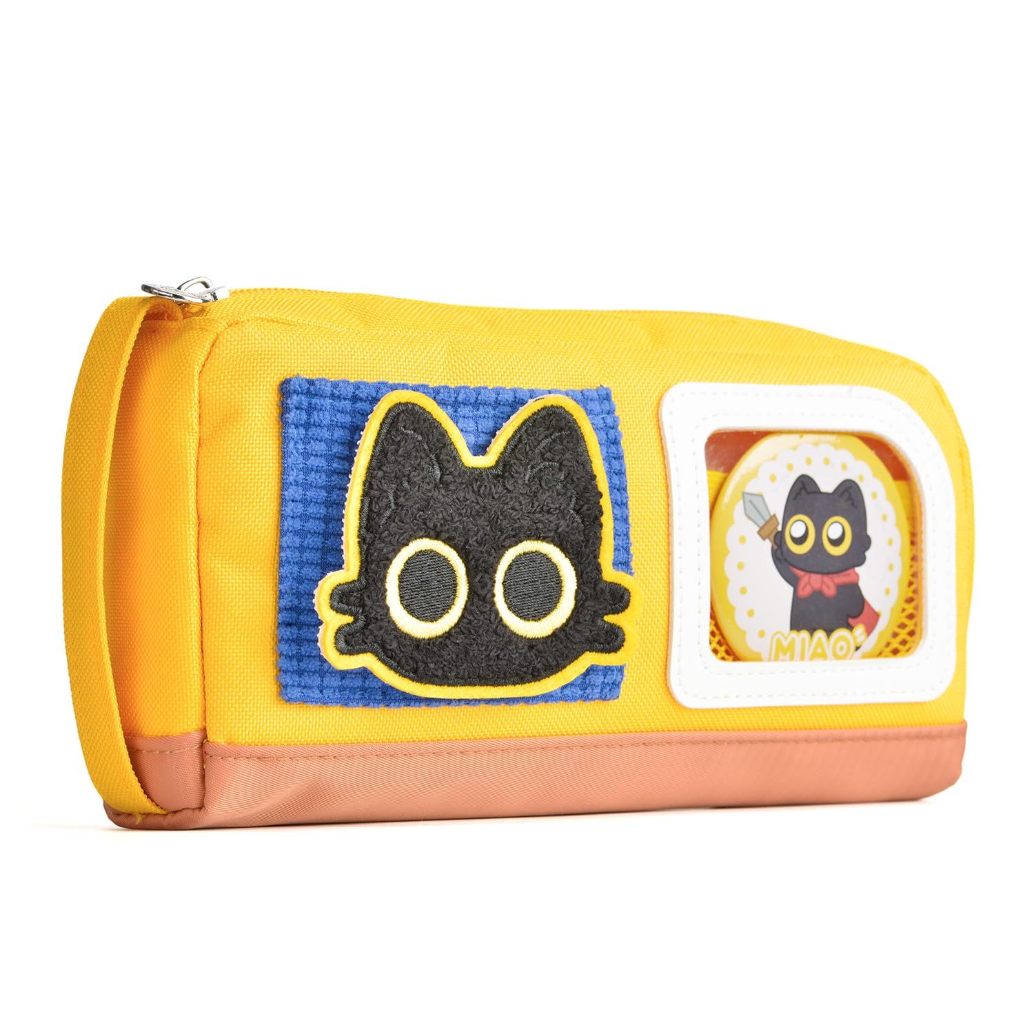Pencil Case Large Capacity Adorable Cat Pencil Pouch Stationery Pen Bag for Teen Girls and Boys with Magic Sticker and Decoration Badges-Yellow