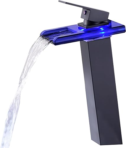 Rzoeox Grifo de baño LED negro mate, grifo de lavabo alto para baño, grifo de baño en cascada con boquilla de vidrio abierto, mango único, 1 agujero