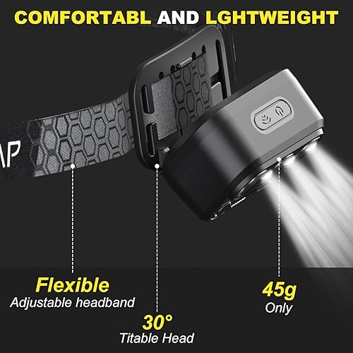 Miniatura 5 de PINSAI Faros delanteros superbrillantes, 7 modos de luz, con sensor de movimiento, LED, recargable, cómoda, para adultos y niños, diadema ligera y