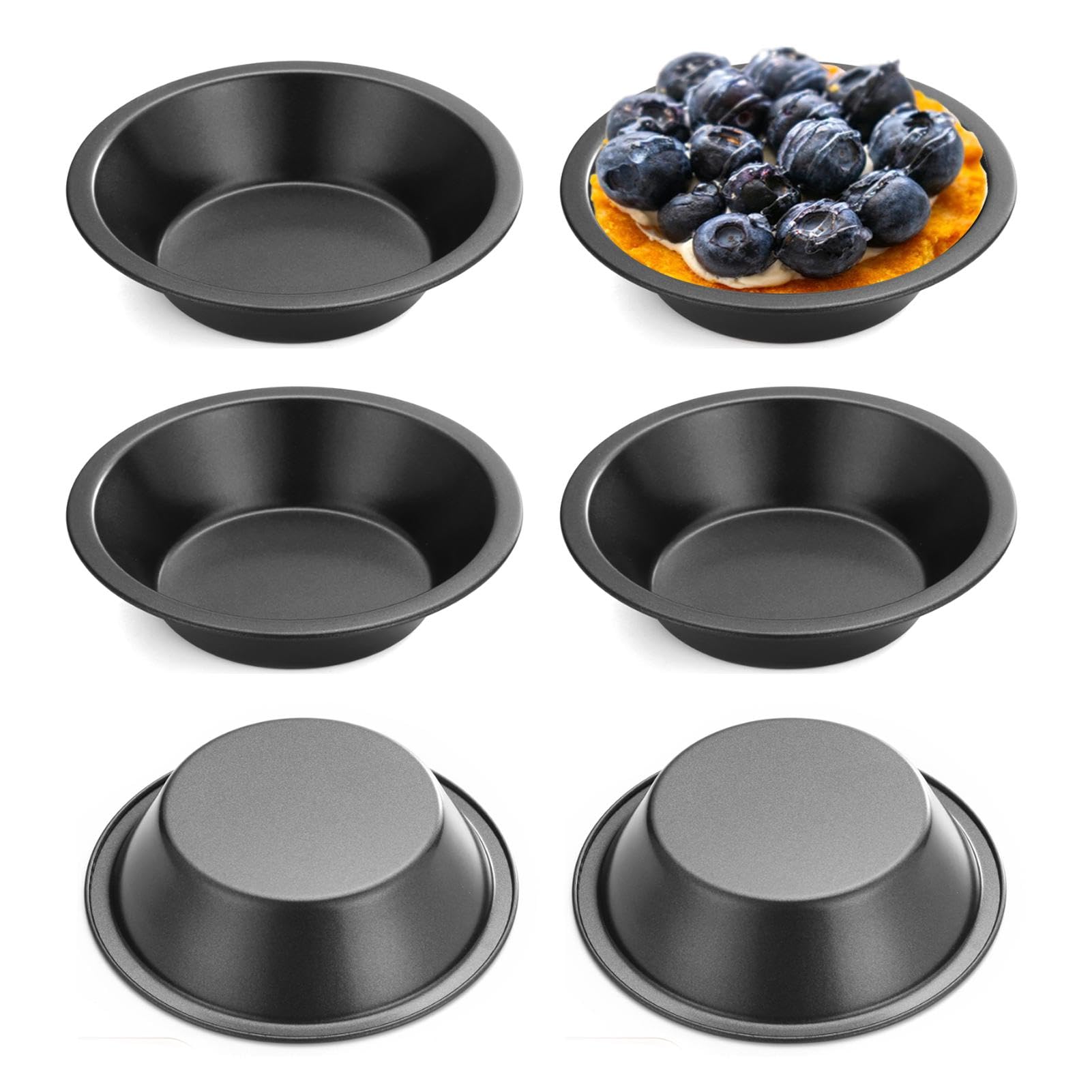 QOTSTEOS 6pack Mini Pie Pans, 12cm Non Stick Round Coating Quiche Baking Moulds, Black Carbon Steel Tart Tin, Small Cake Individual Tart Dishes for Oven Baking Quiche, Bread, Cake, Desserts