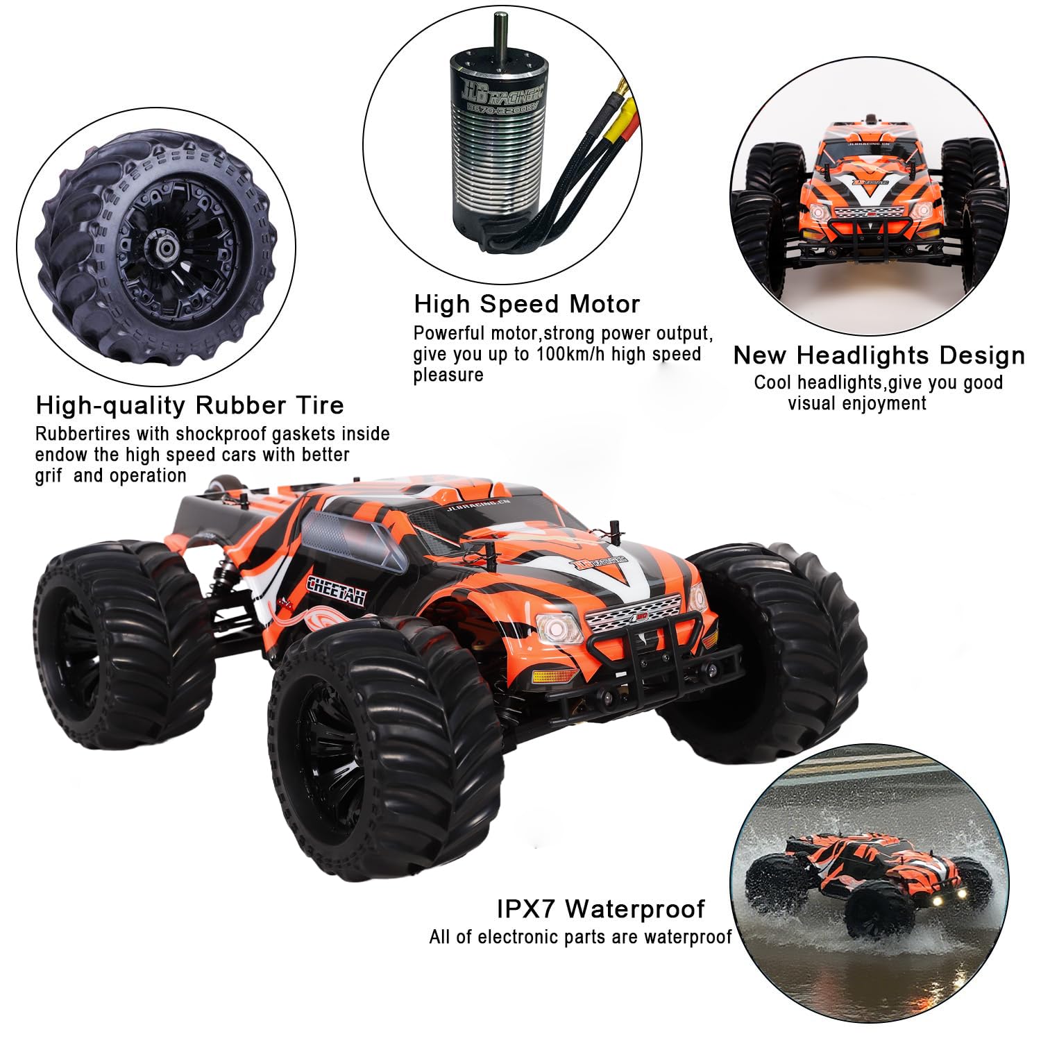 JLBRACINGRC Coche a control remoto a escala 1:10, camión RC RTR de alta velocidad de 80 km/h, autos eléctricos controlados por radio de 2.4 GHz, camión monstruo todoterreno 4WD 4x4, IPX7 impermeable