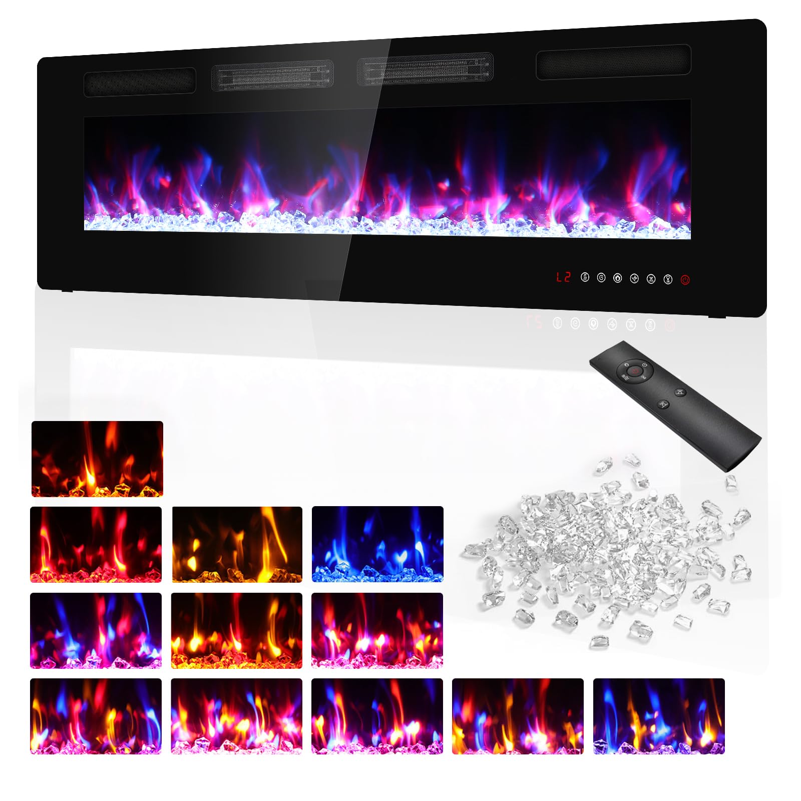 BREEZEHEAT 60 Inch Ultra Thin Electric Fireplace-Freestanding or Recessed Wall Mounted Fireplace Heater, Remote Control, Touch Screen, 750W/1500W, 8H Timer for Living Room, Bedroom, Office