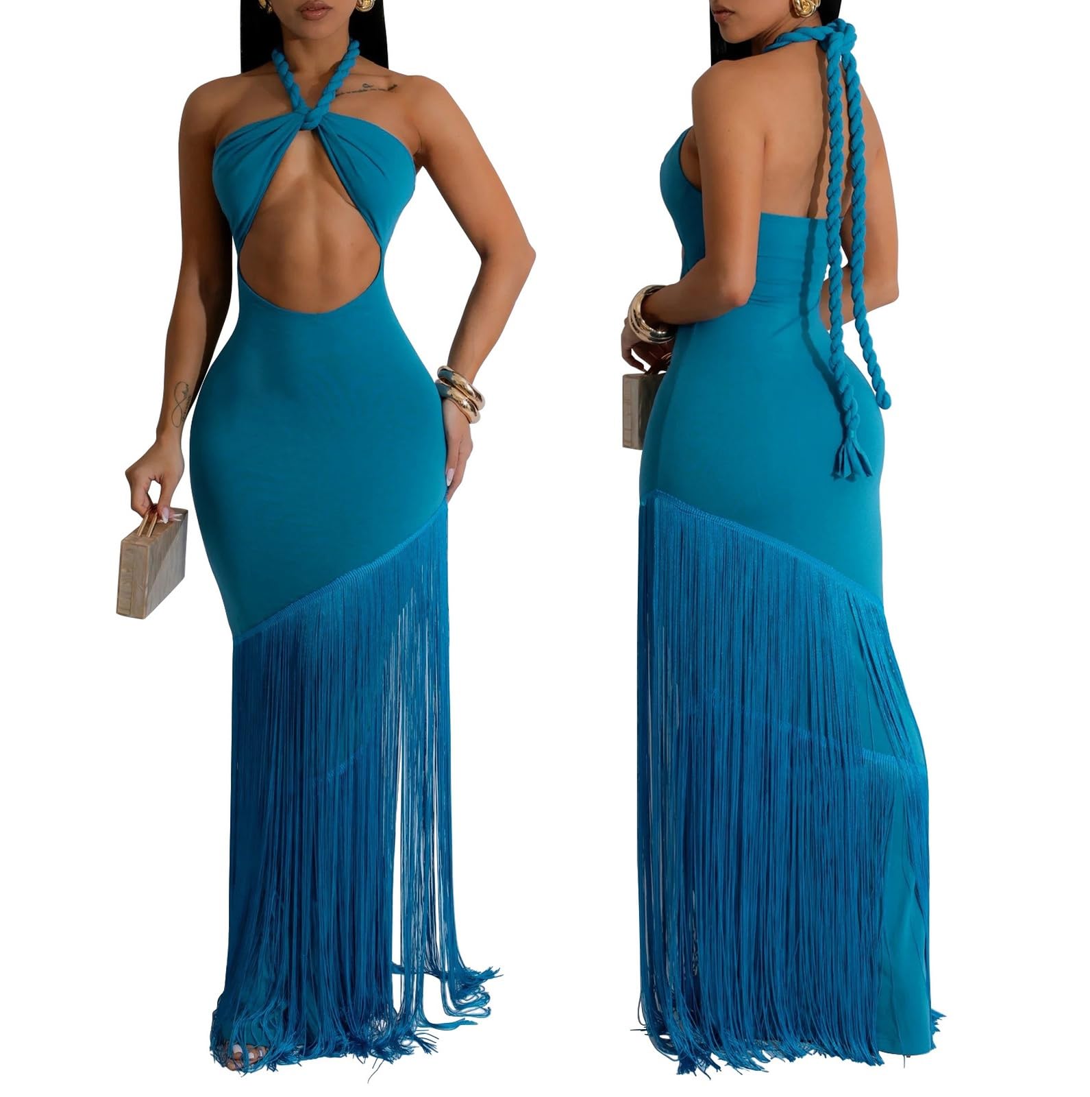 Generico Abito Lungo a Fascia Senza Spalline da Donna Allacciatura Frontale con Dettagli Cut-out e Orlo con Nappe