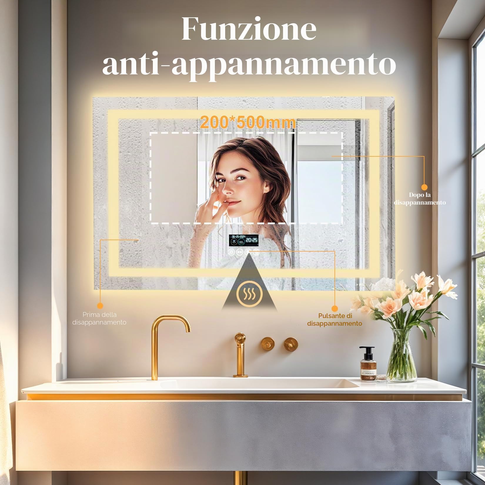 LUVODI Bluetooth Ora Data Specchio Bagno Led Luce Antiappannamento 80x60cm 3000K-6000K Dimmerabile 3 Colori Luce Funzione Memoria Specchio in Resina Specchio Retroilluminato Bagno