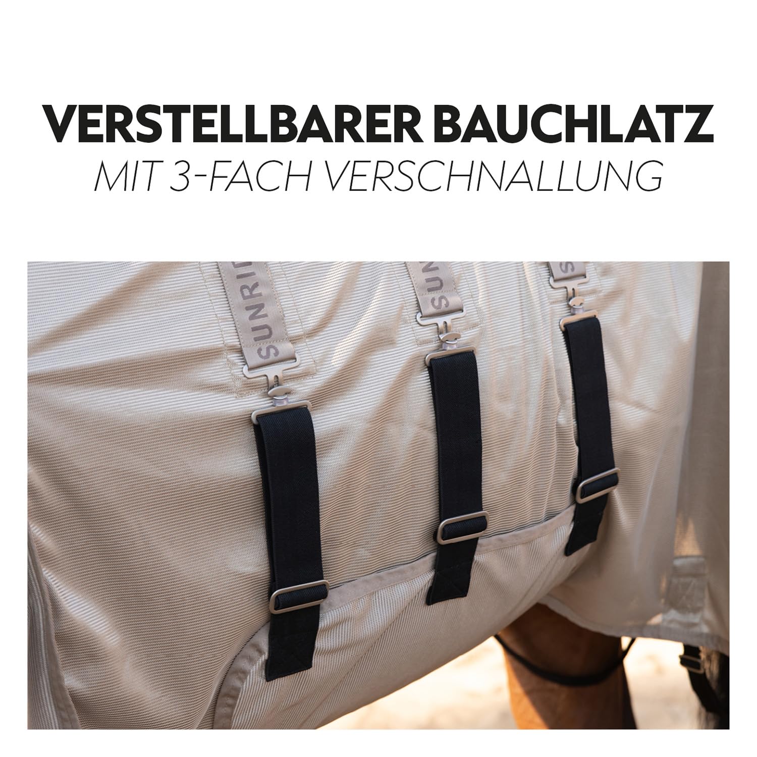 SUNRIDE Fliegendecke für Pferde (Kuba) - mit festem Halsteil - Gehfalte - Schutz für empfindliche Brust - elastische Einsätze - mit UV-Schutz - Bauchlatz und Beingurte verstellbar - braun (105 cm)