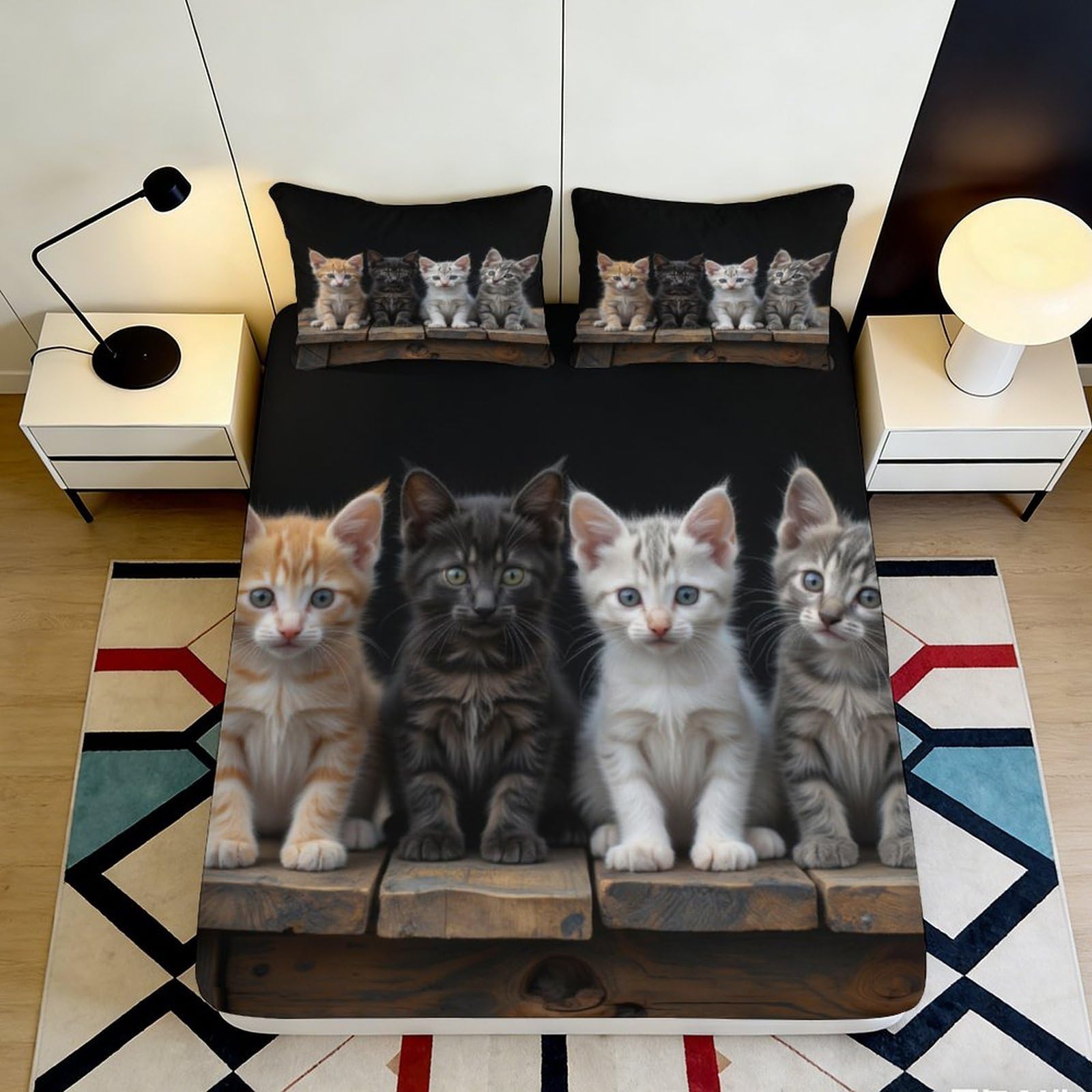 3D Printed Cute Cat Fitted Sheet Microfiber Soft Non-Slip Kitten Bed Sheet for Bedroom Decor Mattress Cover 90x200x25cm