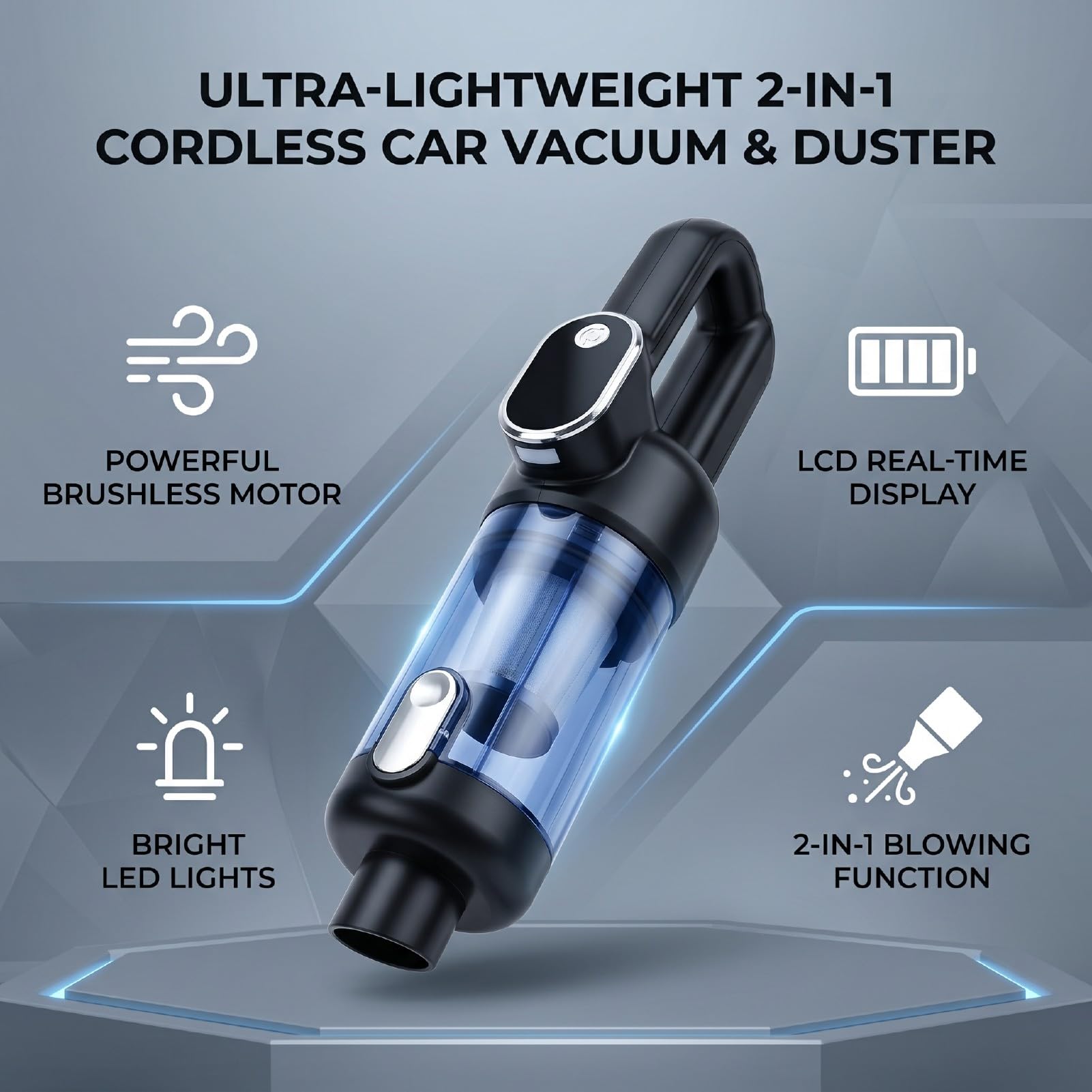 Aspiradora de Mano Inalámbrica para Coche, Aspiradora Mano Portátil con Luz LED y Pantalla LCD, Mini Aire Coche, Motor sin Escobillas para el Hogar, Pelo Mascotas (Gray)