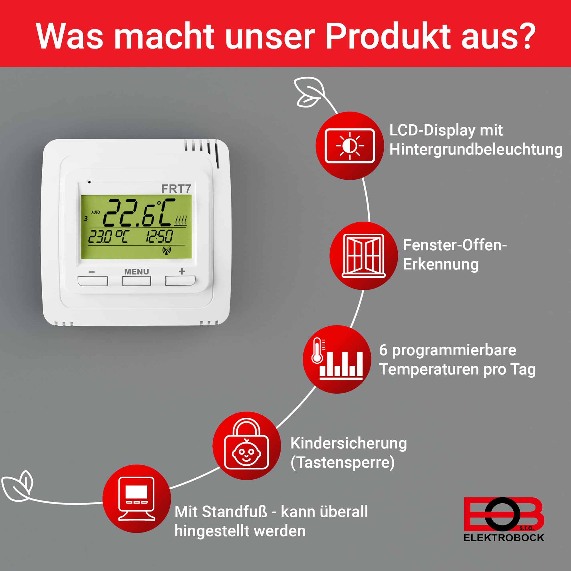ELEKTROBOCK FRT7B3 Funk-Raumthermostat mit Standfuß | Überall hinstellen | mit Empfänger | 𝑳𝓐𝑵𝐆𝑳𝜠𝓑𝑰𝐆 | Große Reichweite | Für elektrische Heizung und Infrarotheizung, Weiss