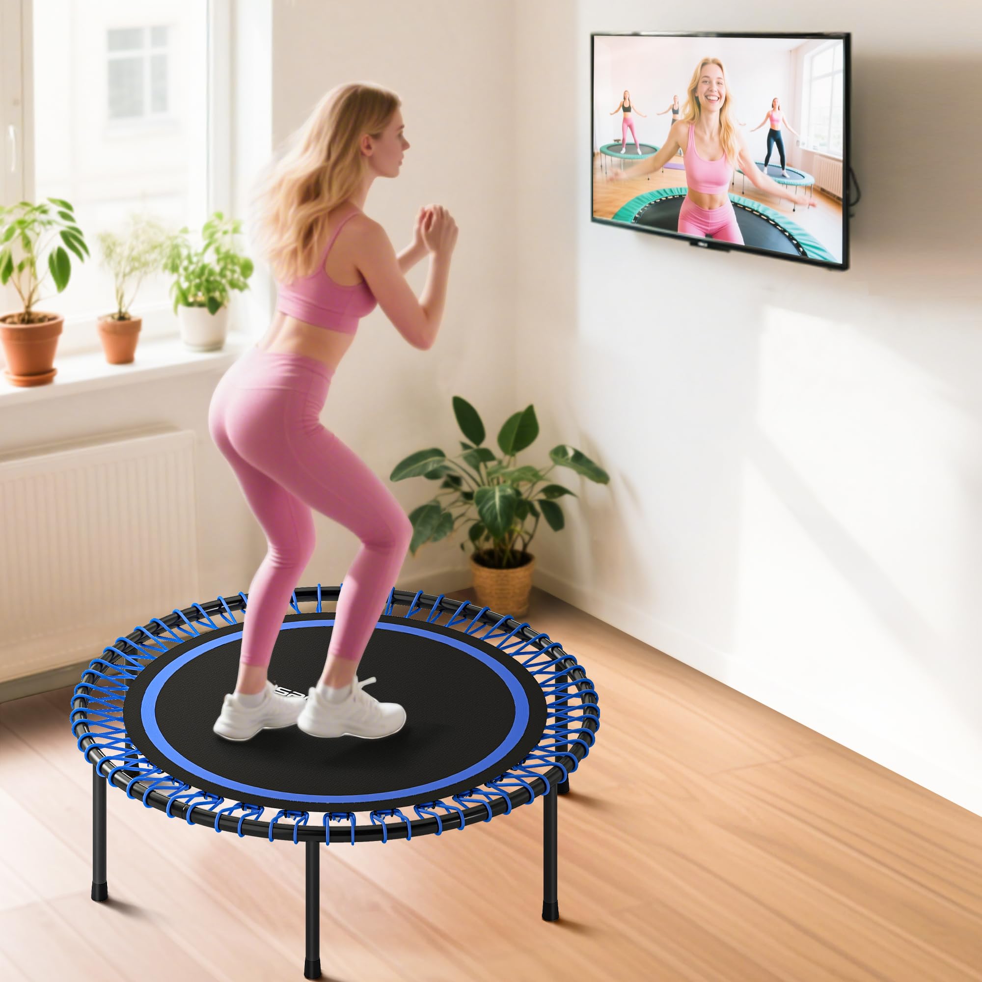 SPORTNOW Trampolino fitness per adulti Ø114 cm, trampolino elastico con telaio in acciaio rinforzato, carico 200 kg, per allenamento gambe, corpo in casa, ufficio, palestra