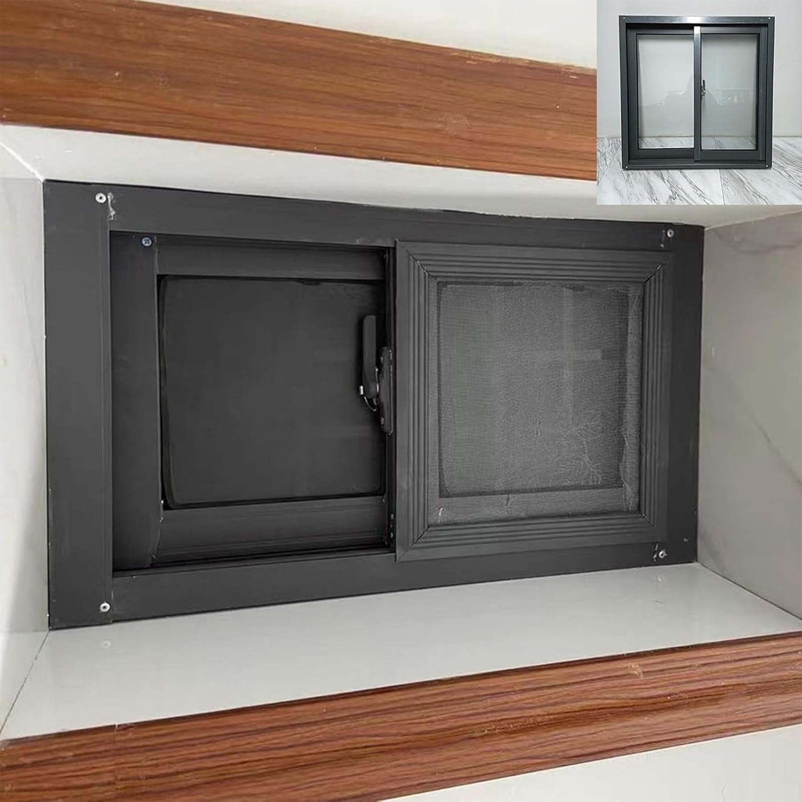 Ventana corredera negra para cobertizos y gallineros de fácil montaje