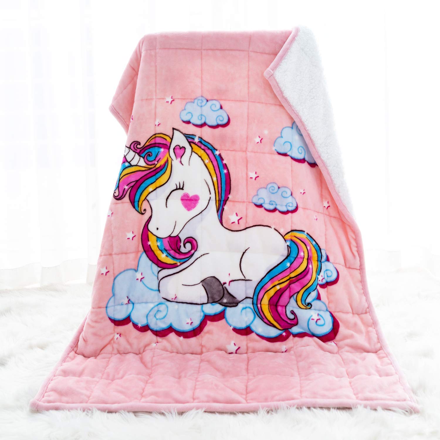 Sivio Kids Sherpa Fleece Weighted Blanket, 7lbs Pink Unicorn, Ultra Soft and Cozy Heavy Blanket, Great for Calming and Sleep, Fall and Winter Sherpa Flannel Weighted Blanket for Child, 41x60 Inch