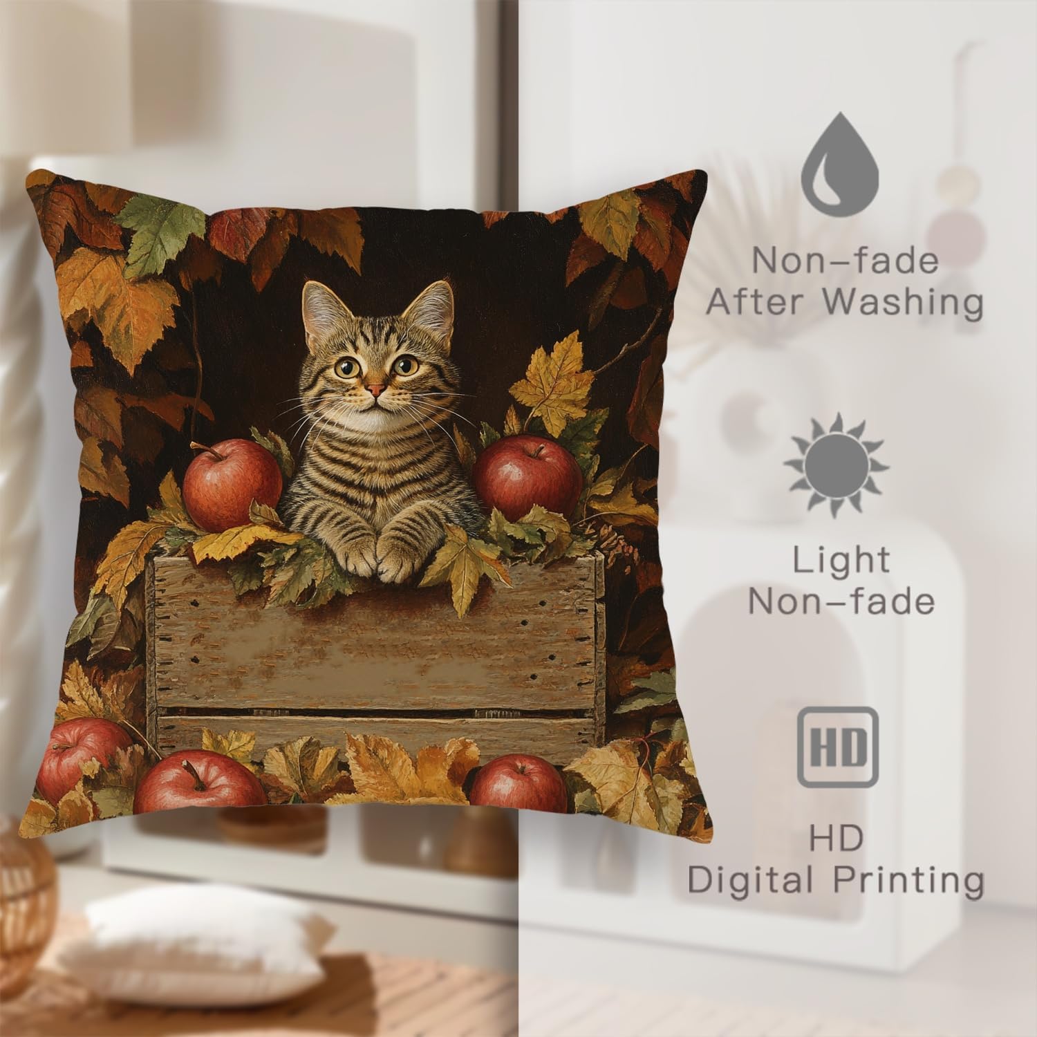 Autumn Cat Throw Pillow Covers Set of 2, Brown Tabby Kitty with Apples and Leaves Cushion Cases, Cozy Decorative Square Fall Decor for Home Sofa Bed Couch 26x26 Inch