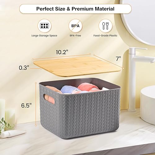 Miniatura 9 de Paquete de 4 contenedores de almacenamiento con tapas de bambú, contenedores de almacenamiento de plástico con tapas, caja de almacenamiento